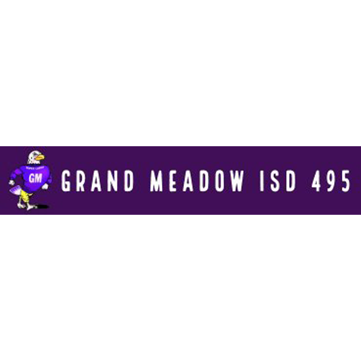 The image shows a purple banner with the text "GRAND MEADOW ISD 495" and a cartoon character, likely a mascot, on the left side.
