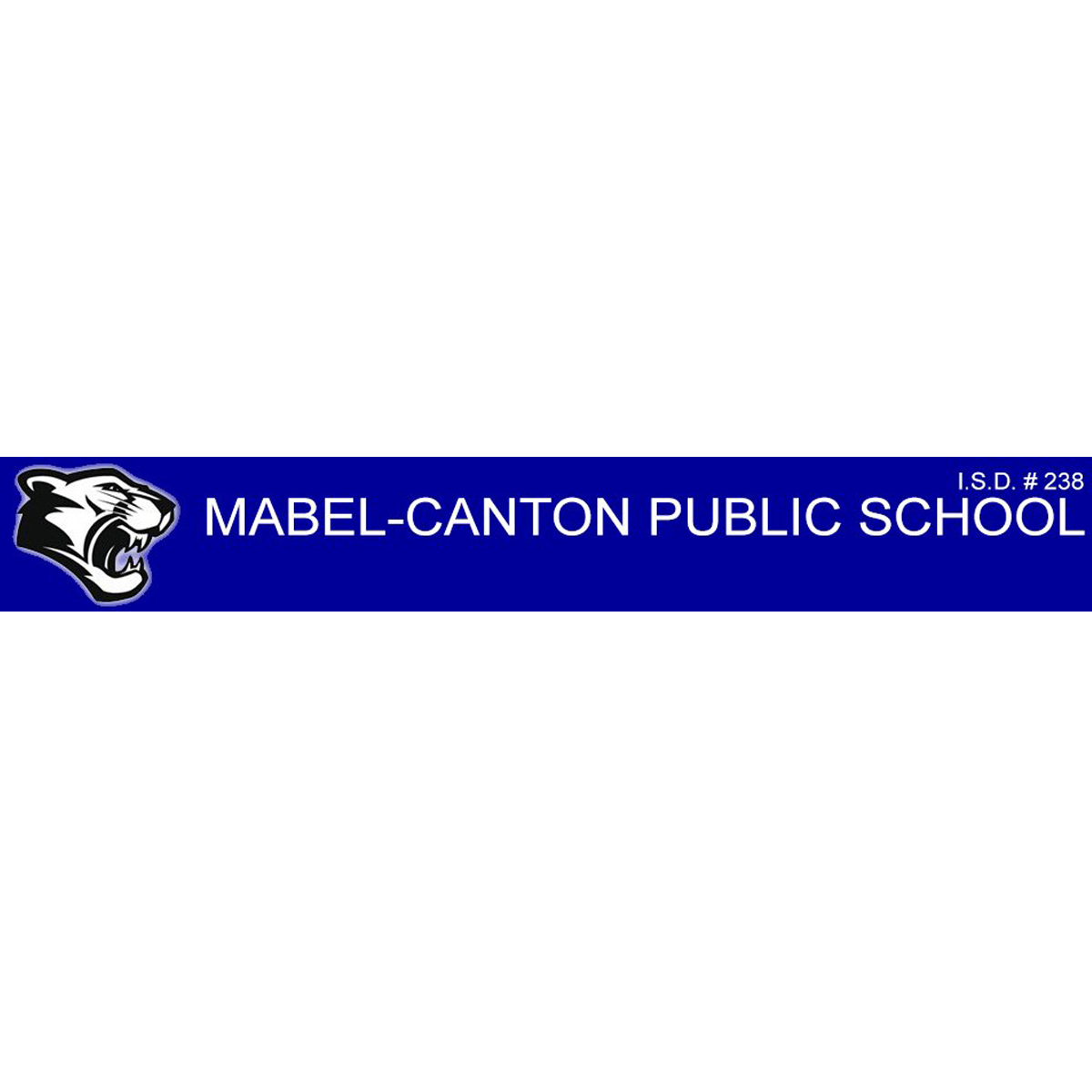 The image shows the name "MABEL-CANTON PUBLIC SCHOOL" displayed on a blue background, with a bear logo visible.