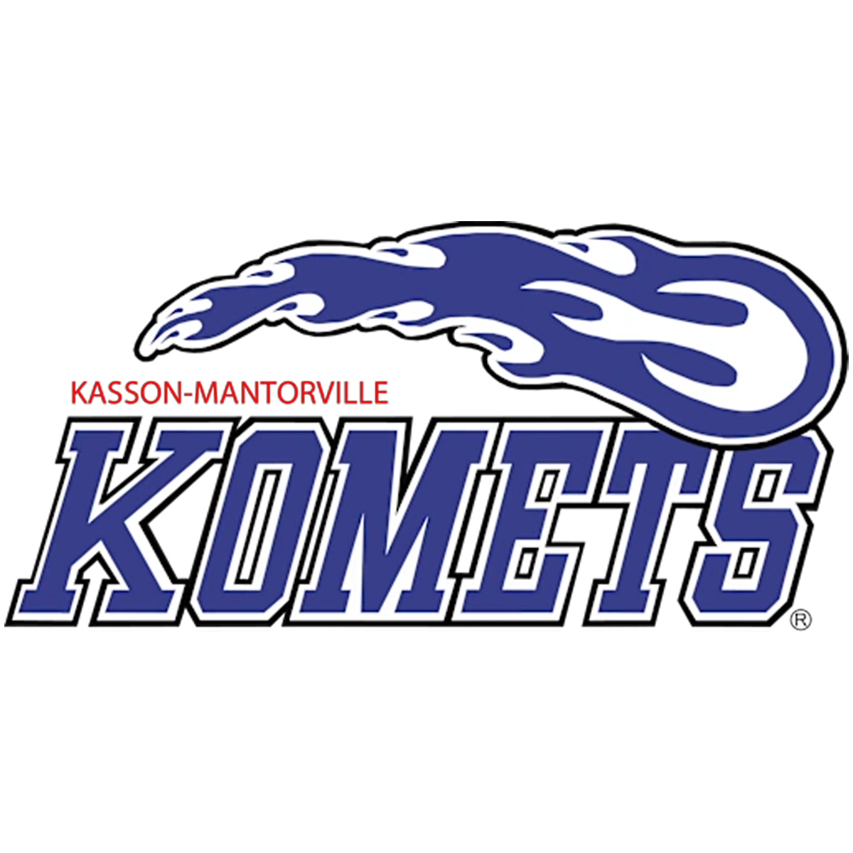The image depicts the logo for the Kasson-Mantorville Komets, featuring a stylized blue and white comet or meteor design with the team name prominently displayed.