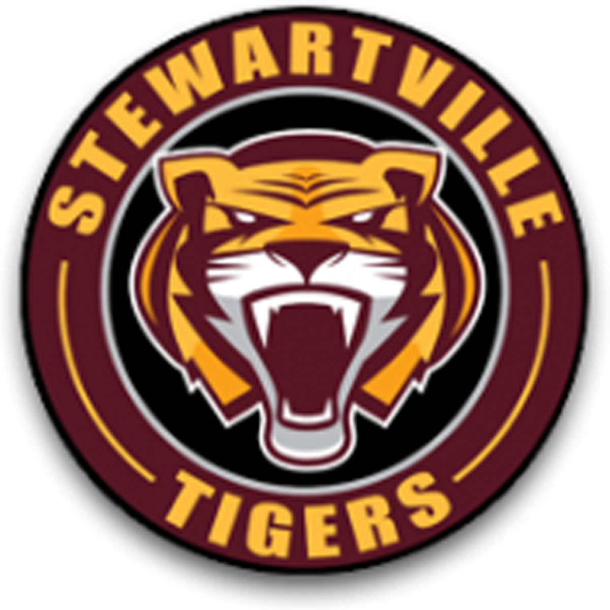 The image depicts a circular logo featuring a fierce-looking tiger's head in the center, surrounded by the text "Stewartville Tigers" in a bold, stylized font.
