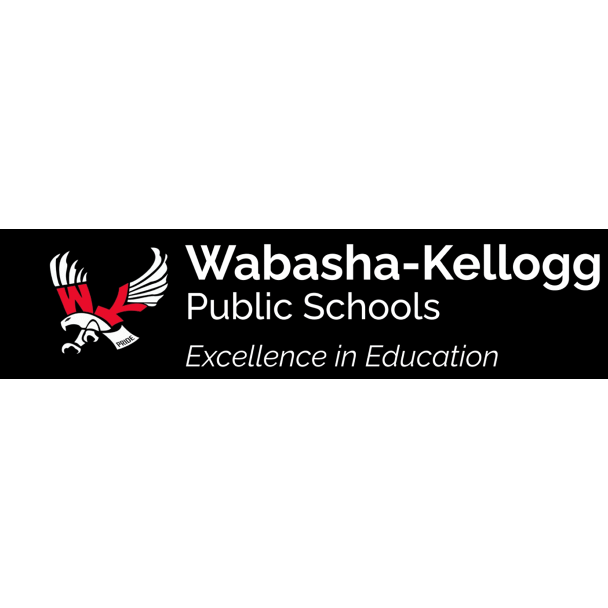 The image displays the logo and name of the Wabasha-Kellogg Public Schools, featuring a red eagle symbol and the text "Excellence in Education".