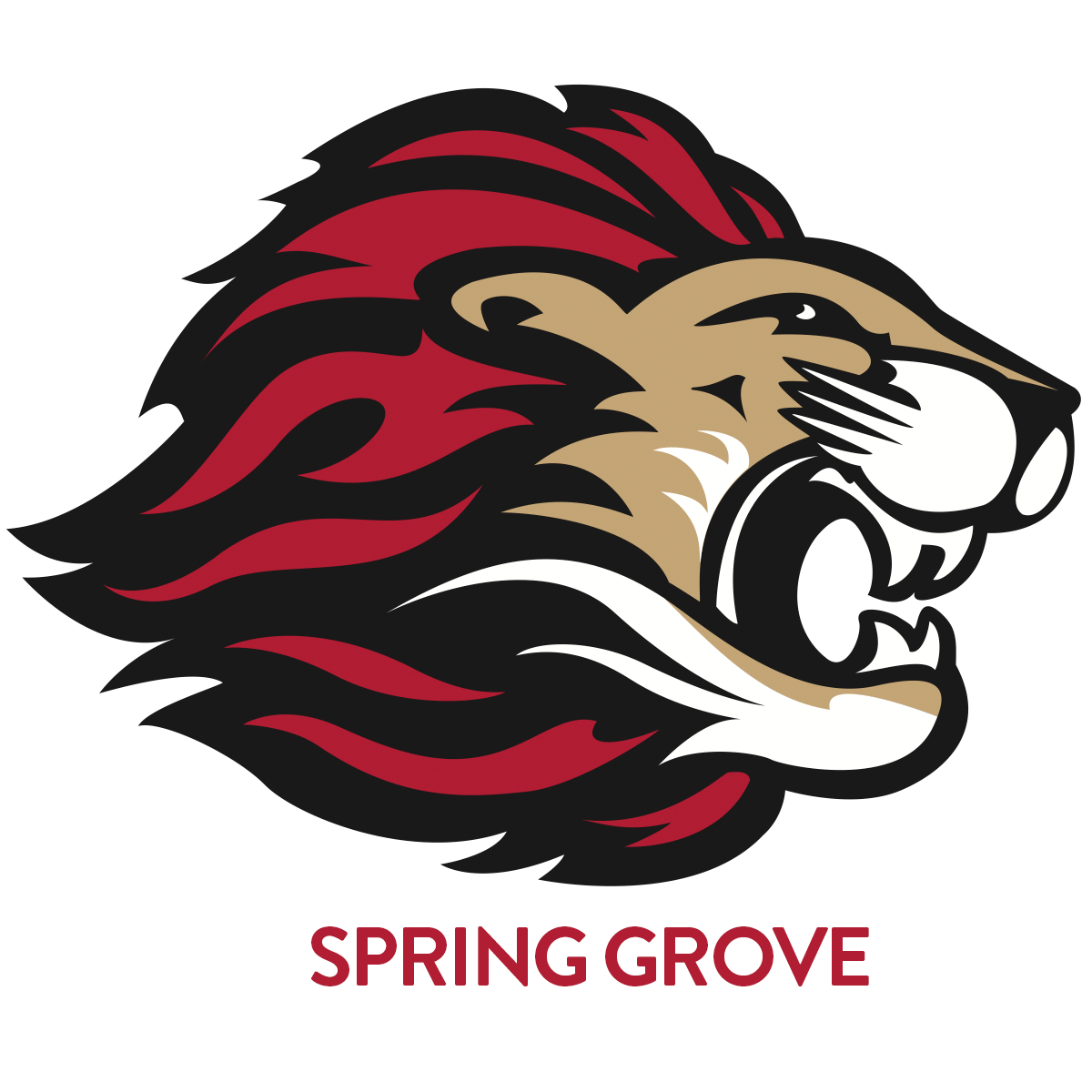 A fierce-looking lion head with a bold, red and black design, representing the Spring Grove mascot or logo.