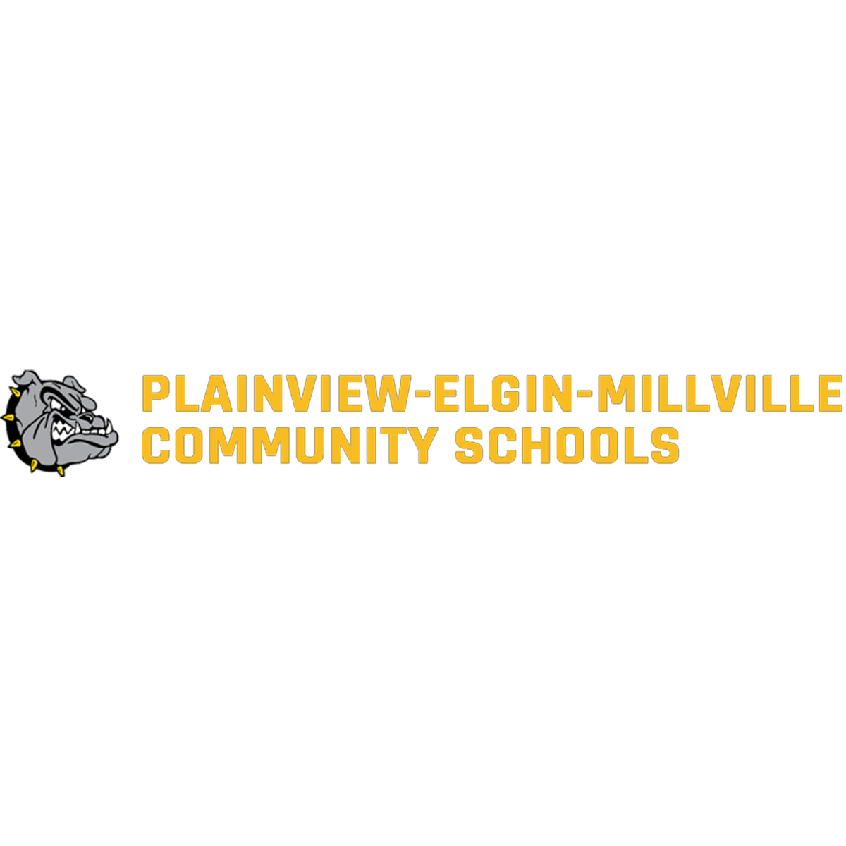The image displays the logo for Plainview-Elgin-Millville Community Schools, featuring a bulldog mascot and the school district's name in yellow text against a white background.