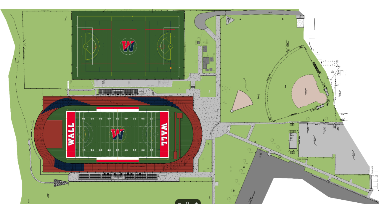 A detailed map of a sports complex, featuring a football field, a soccer field, and various other facilities and structures.