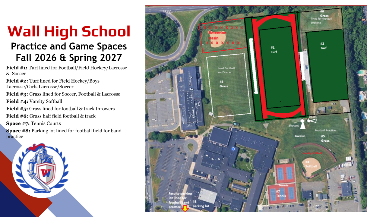 The image shows an aerial view of a school campus, with various sports fields and facilities labeled for different practice and game spaces during the Fall 2026 and Spring 2027 seasons.