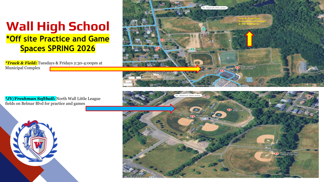 The image shows an aerial view of a school campus, with labeled areas for off-site practice and game spaces scheduled for Spring 2026. The background includes surrounding residential and natural areas.