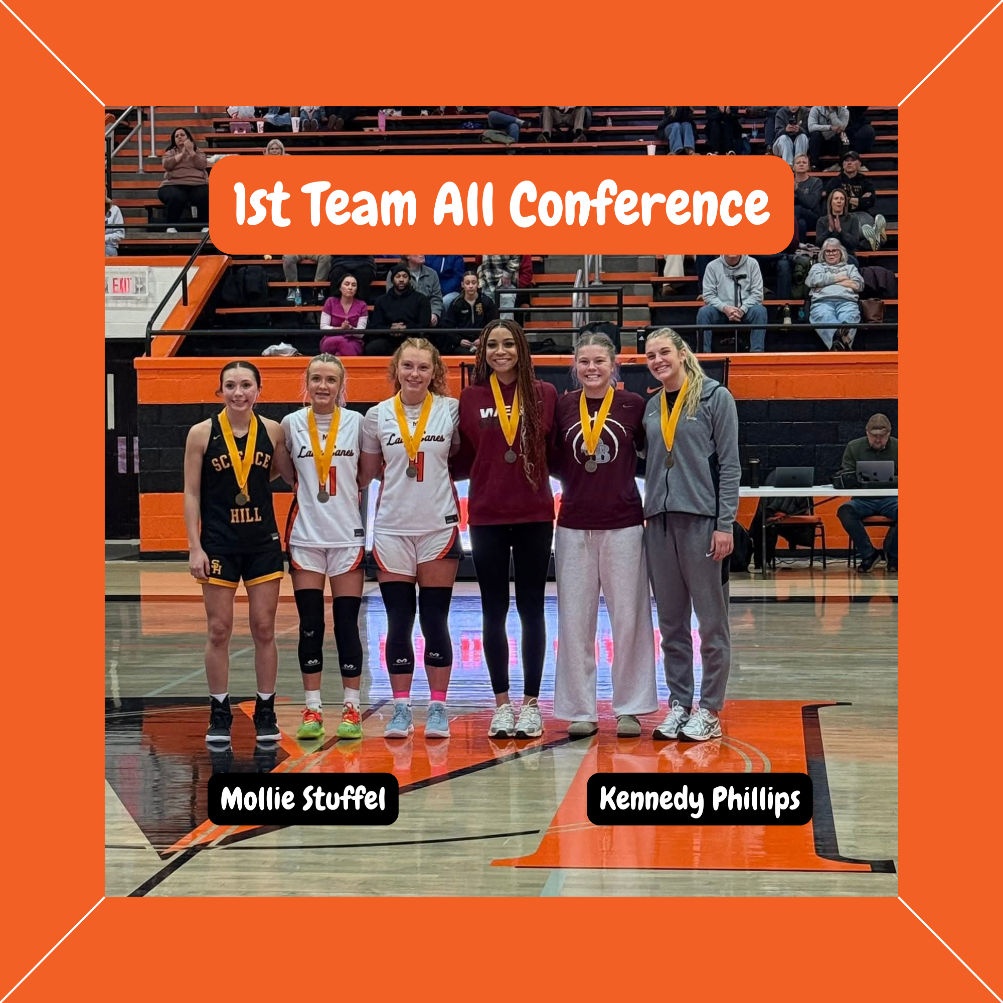 A group photo of the 1st Team All-Conference basketball players standing on a court. Two players from the Lady Canes, Mollie Stuffel and Kennedy Phillips, are featured among the honorees wearing their medals.