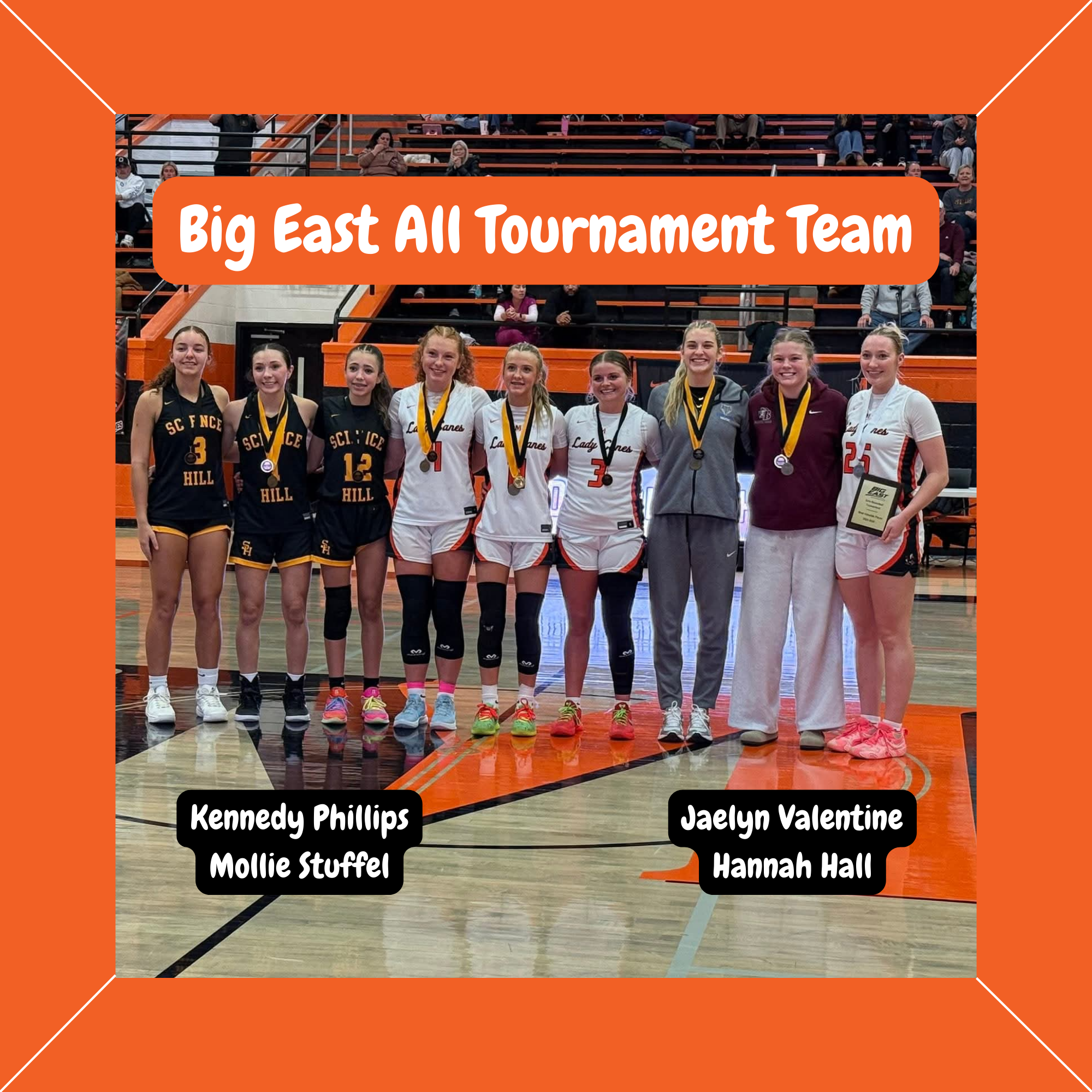 A team photograph of the Big East All-Tournament Team standing in a line on a basketball court. In the center, four players wear white Morristown East "Lady Canes" jerseys and three players wear black Science Hill "Hilltoppers" uniforms. From left to right: Kennedy Phillips, Mollie Stuffel, a third Science Hill player, a Lady Canes player, a fifth player in a grey tracksuit, a sixth player in a maroon hoodie, Jaelyn Valentine, and Hannah Hall, who is holding a plaque. An orange banner at the top