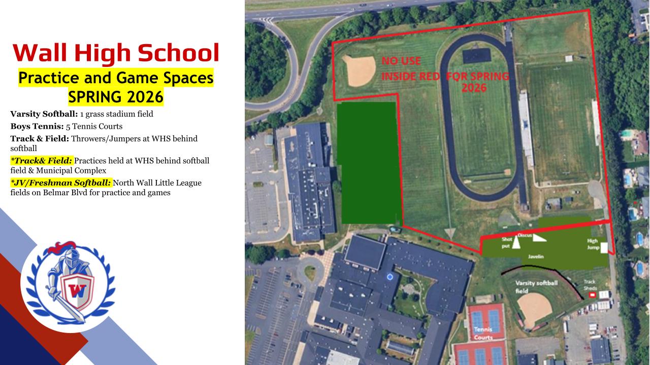 The image shows an aerial view of a school campus, with various sports facilities and practice areas labeled, including a baseball field, tennis courts, and a track and field area.