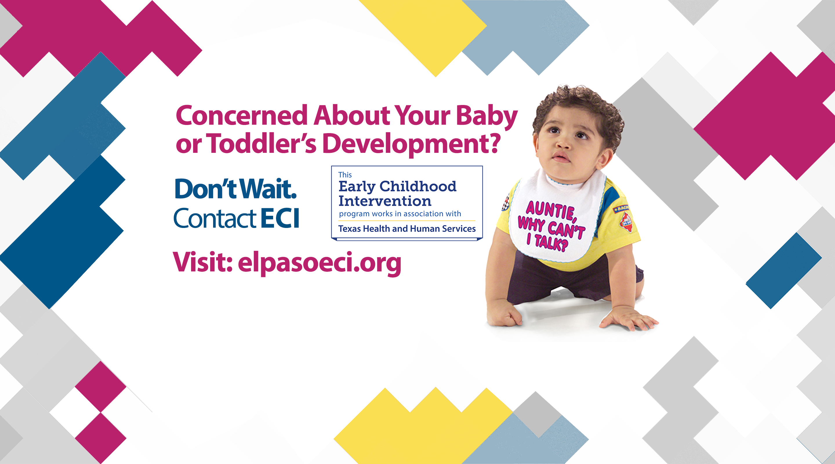 The image features a young child sitting on the floor, wearing a yellow shirt with the text "Auntie, Why Can't I Talk?".