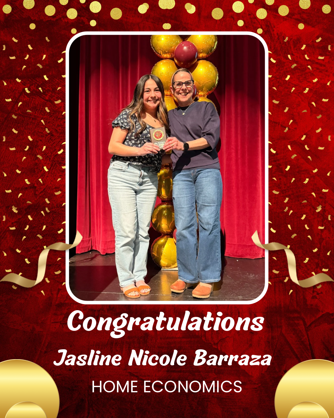 The image shows a couple standing in front of a red curtain backdrop, surrounded by yellow balloons and confetti, with the text "Congratulations Jasline Nicole Barraza HOME ECONOMICS" displayed below.