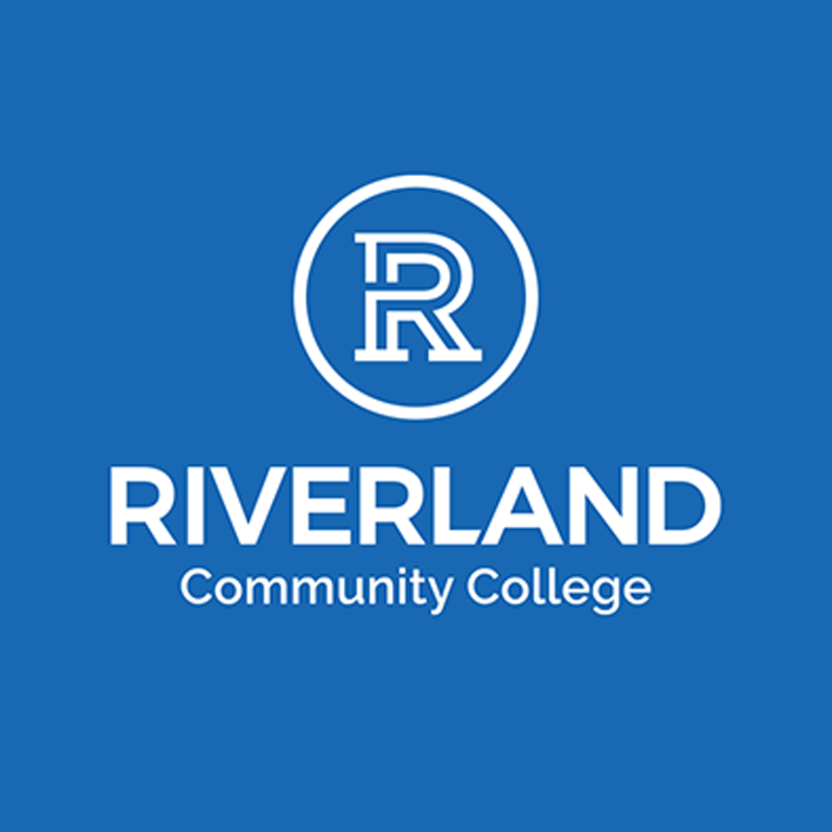 The image displays the logo and name of Riverland Community College, set against a bright blue background.