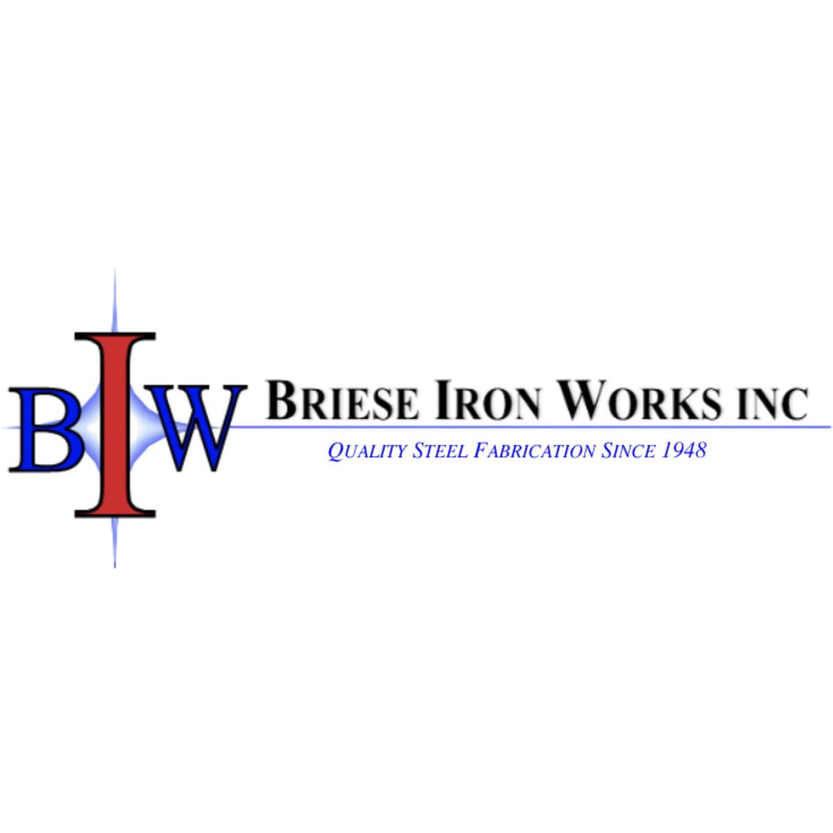 The image displays the logo for Briese Iron Works Inc., a company that specializes in quality steel fabrication since 1948. The logo features the company's initials "BIW" in a stylized design against a plain white background.