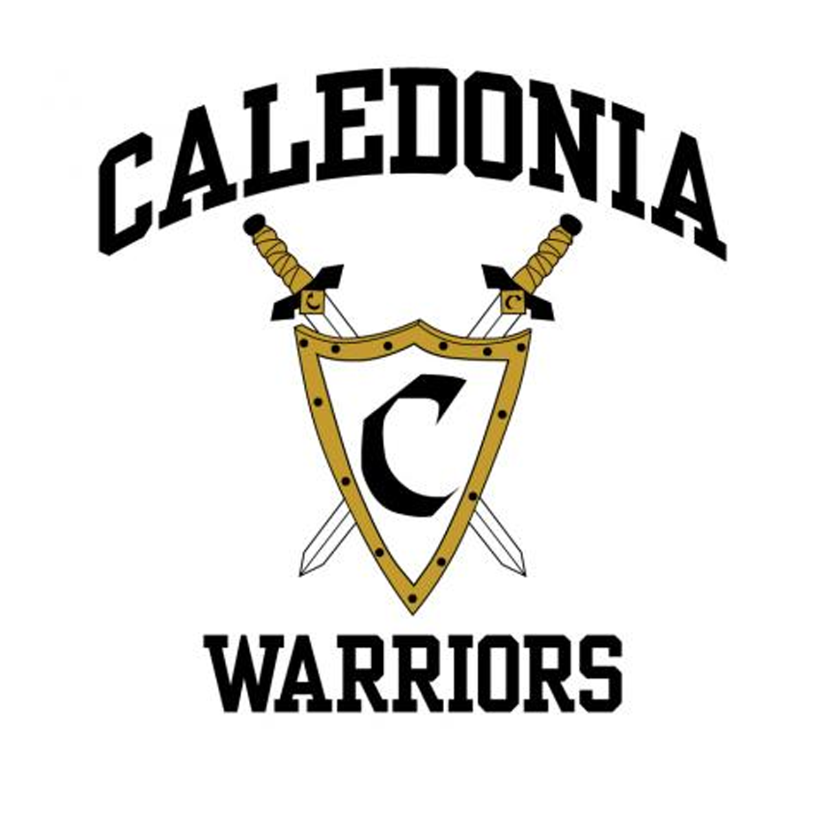 The image depicts the logo for the Caledonia Warriors, featuring a shield with crossed swords and the letter "C" in the center.
