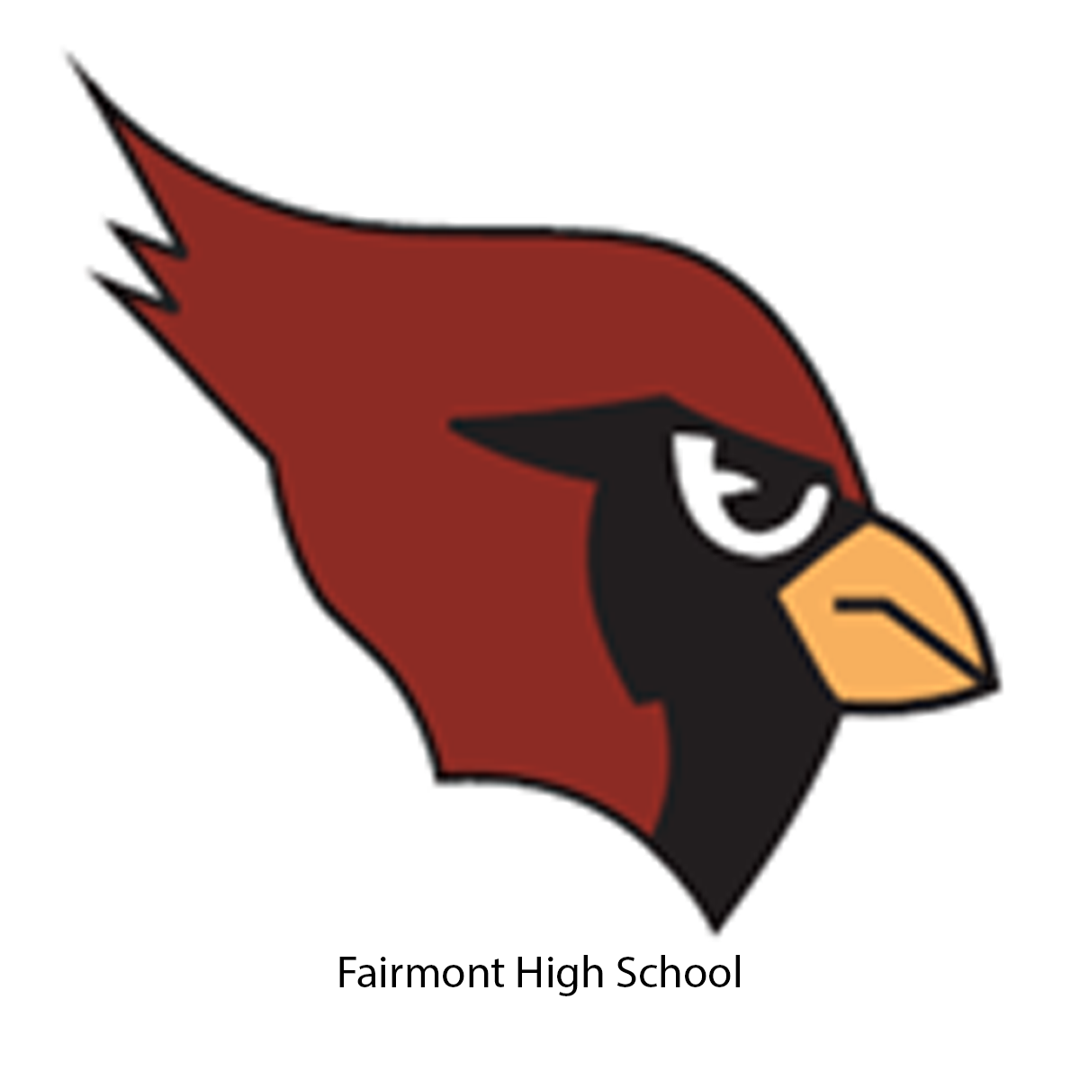 The image depicts the logo of Fairmont High School, featuring a stylized cardinal bird head with a bold red and black color scheme.