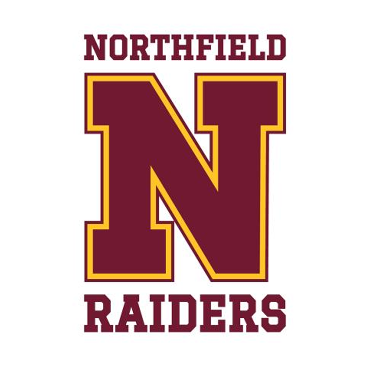 The image displays the logo for the Northfield Raiders, featuring a large "N" in maroon and gold colors against a white background.