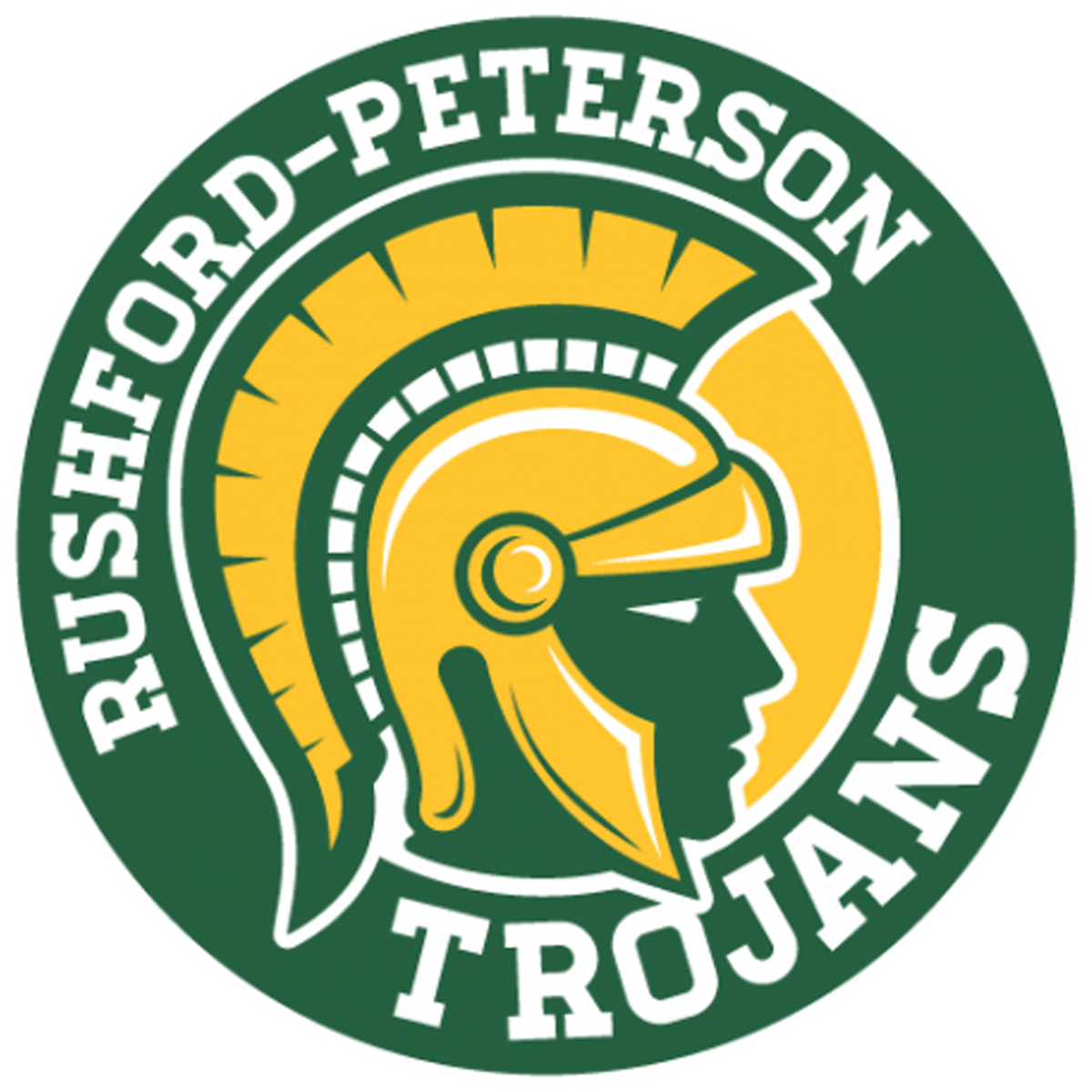 The image depicts the logo of the Rushford-Peterson Trojans, featuring a Spartan-style helmet with a sun-like design in the background, set against a green circular background.