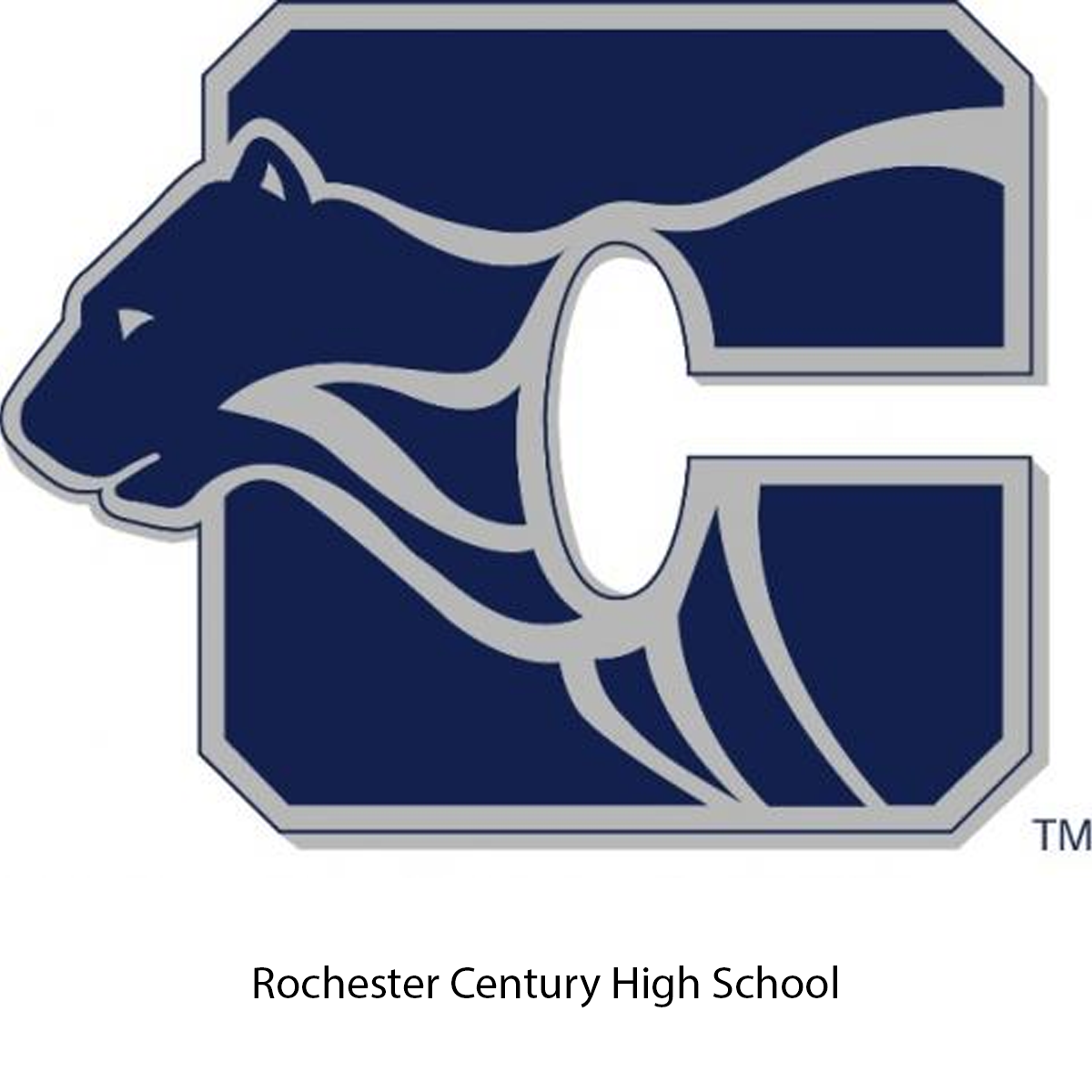 The image depicts the logo for Rochester Century High School, featuring a stylized panther head in a navy blue and silver color scheme against a navy blue background.