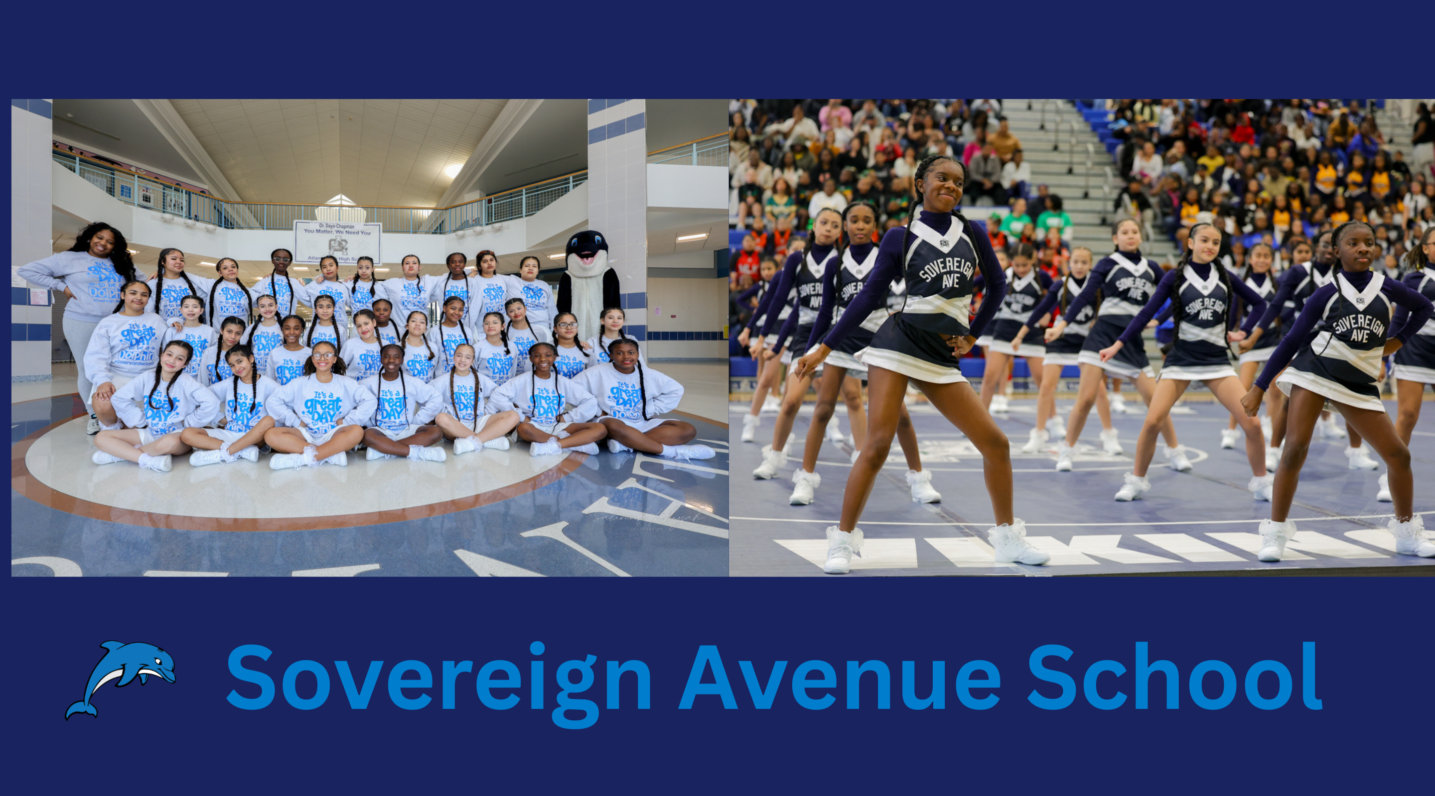 The image shows a group of students in cheerleading uniforms posing for a photograph, with another group of cheerleaders performing on a stage in the background.