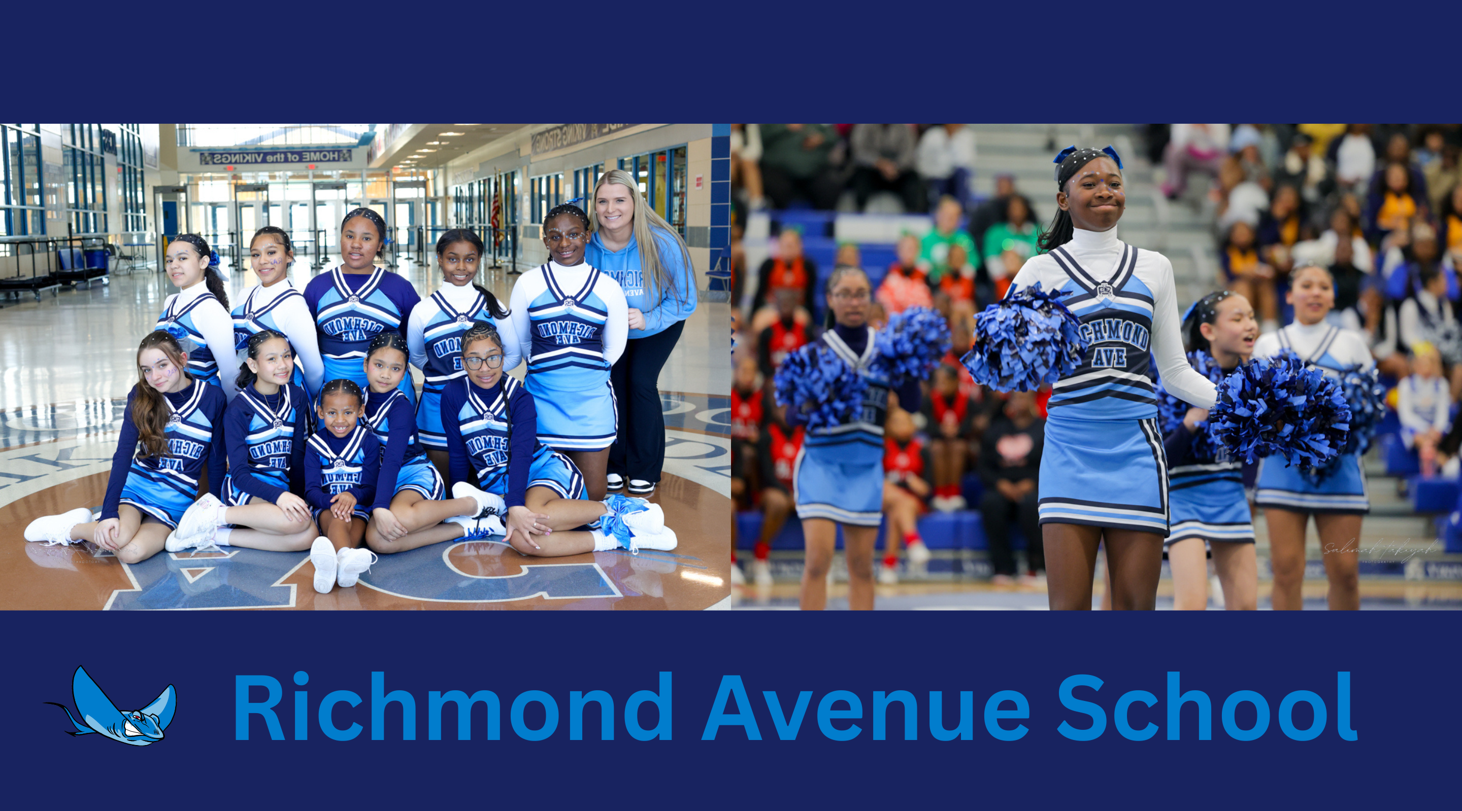 The image shows a group of cheerleaders in blue and white uniforms posing together, with the Richmond Avenue School logo visible in the background.