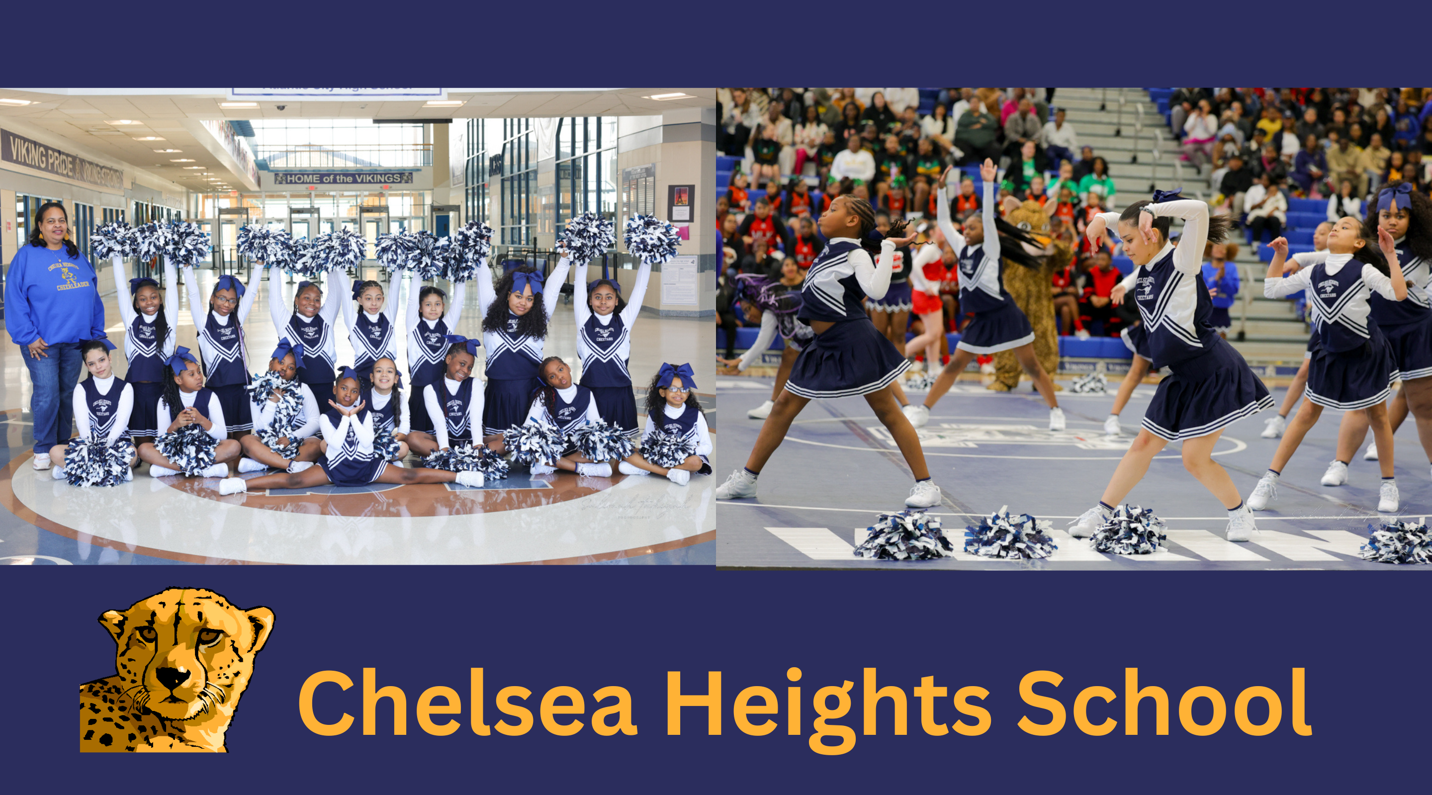 The image shows a group of cheerleaders performing on a stage in front of a crowd, with the Chelsea Heights School logo prominently displayed.