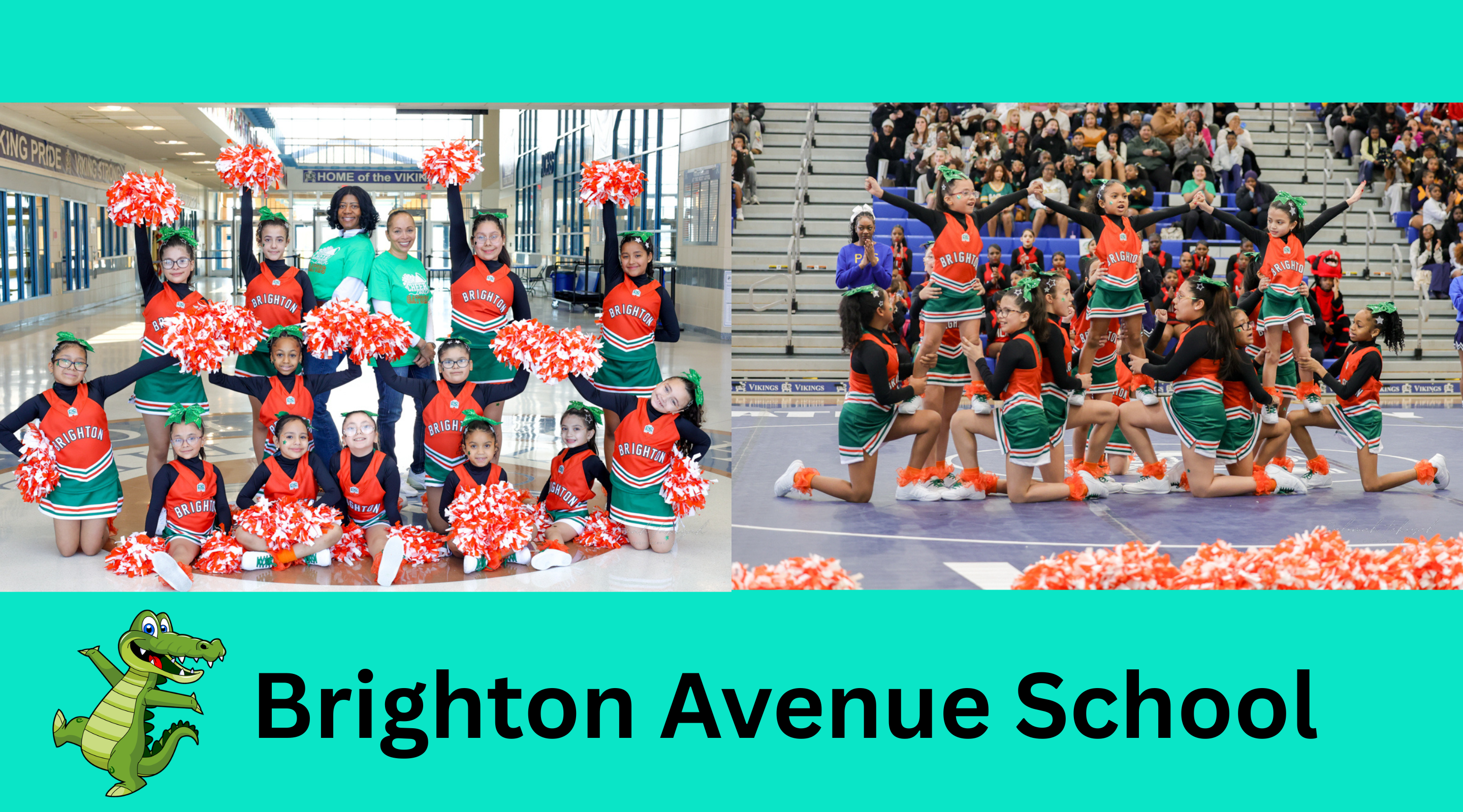 The image shows a group of cheerleaders in colorful uniforms performing on a stage, with a banner for Brighton Avenue School visible in the background.