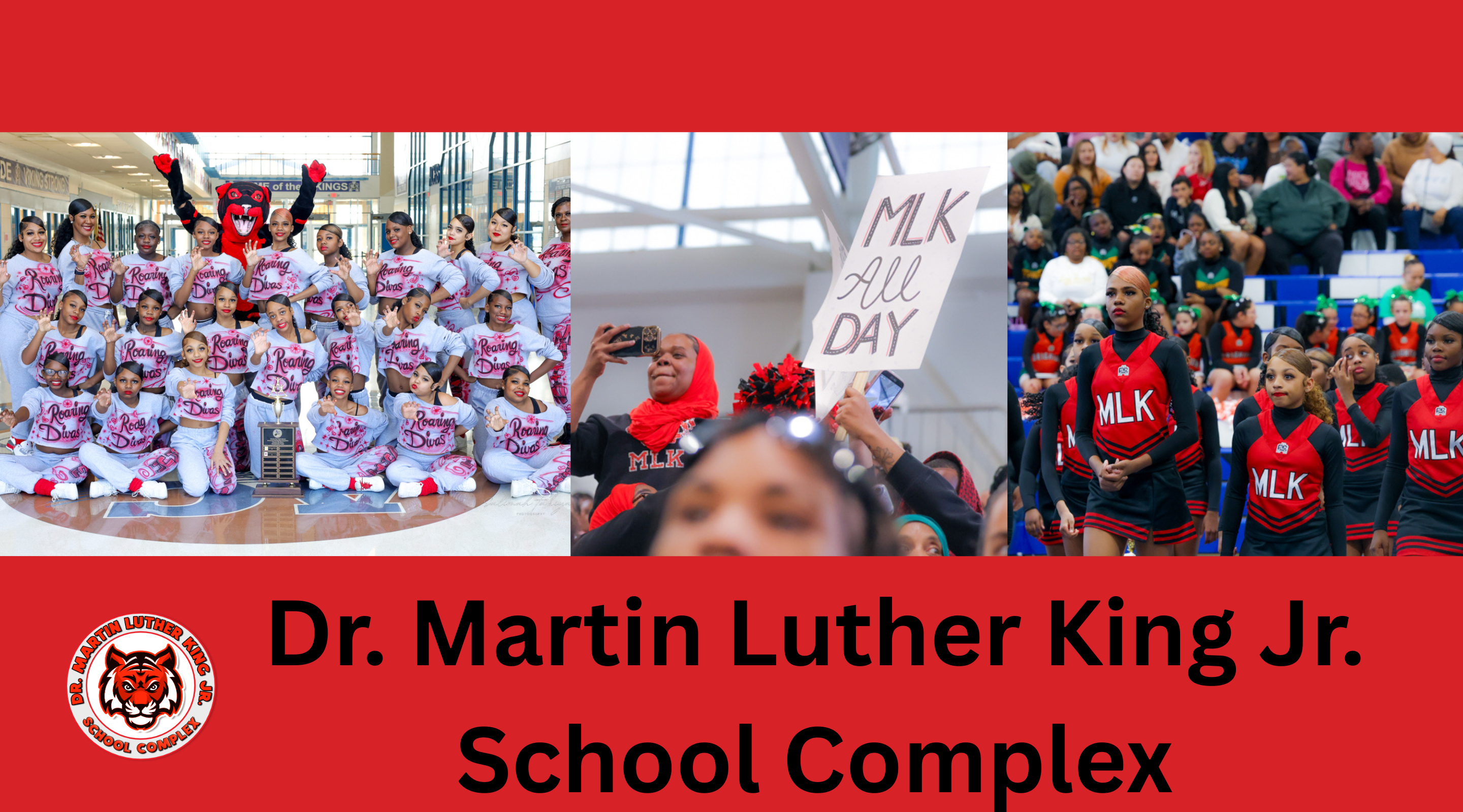The image shows a group of people gathered at what appears to be a school complex, with some holding signs and wearing shirts that say "MLK All Day". In the background, there is a large crowd of people, likely students, also gathered for the event.