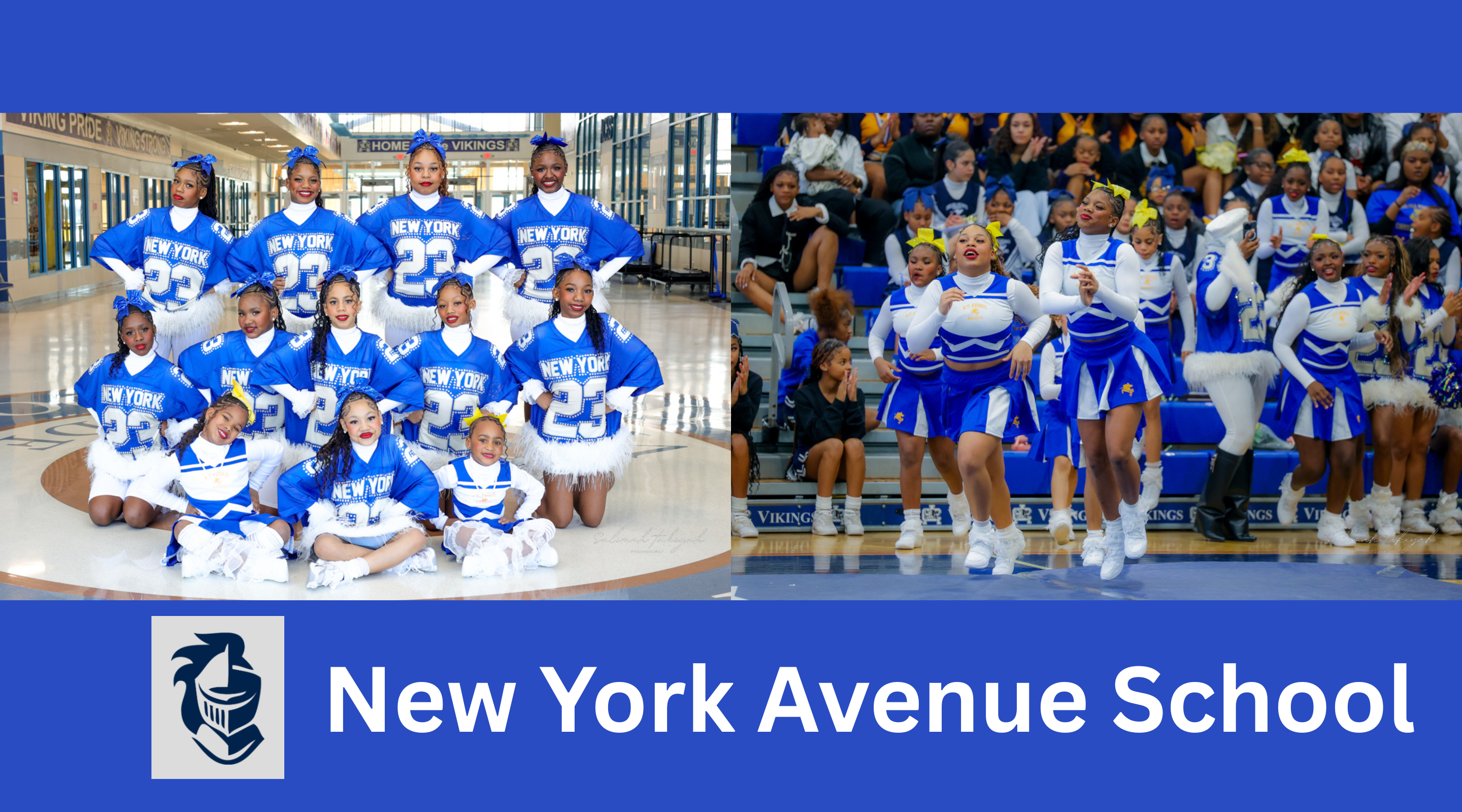The image shows a group of cheerleaders in blue and white uniforms posing together, with the New York Avenue School logo visible in the background.