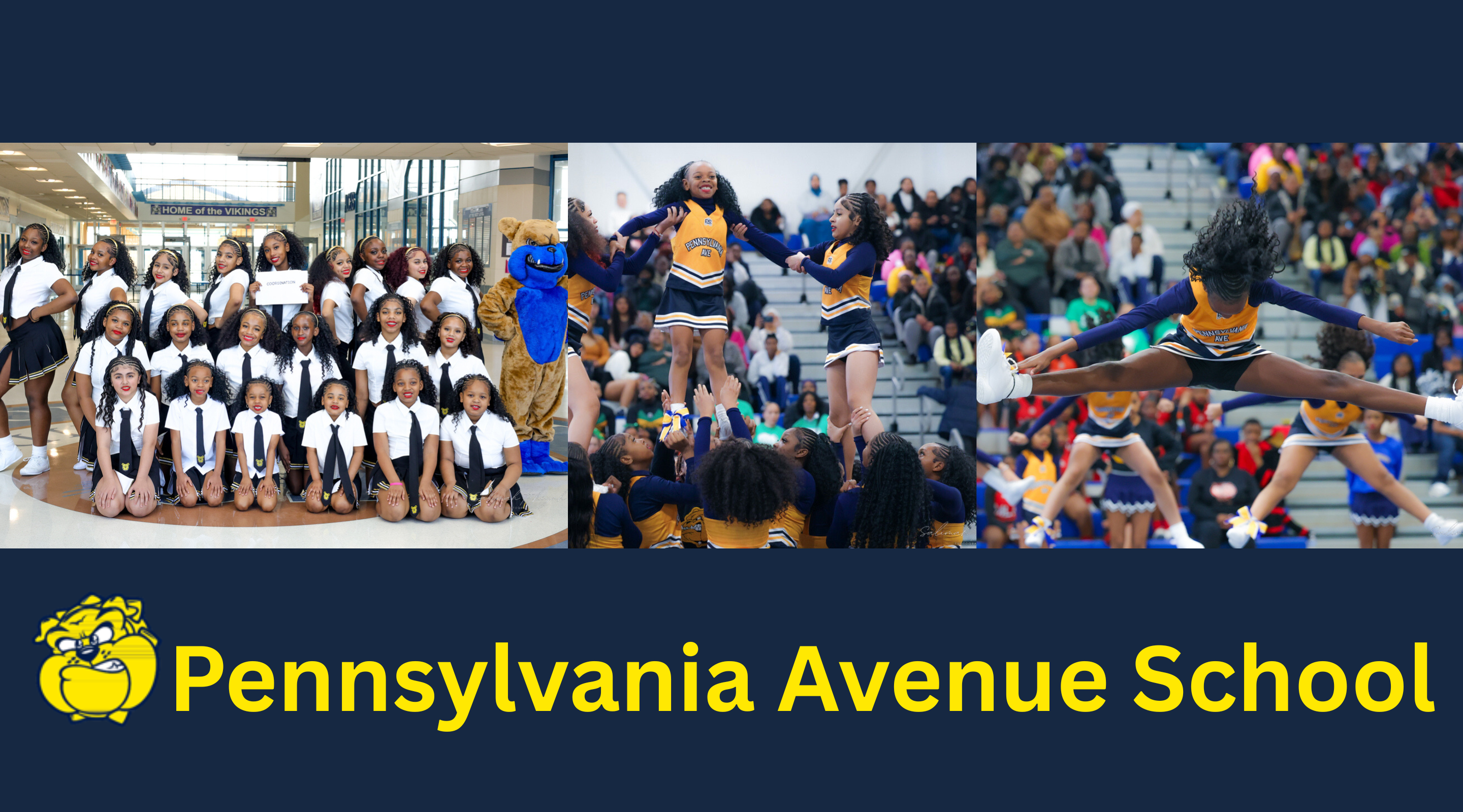 The image shows a large group of students in school uniforms, some of whom are performing on a stage, while others are seated in the background. The school's name, "Pennsylvania Avenue School", is prominently displayed at the bottom of the image.