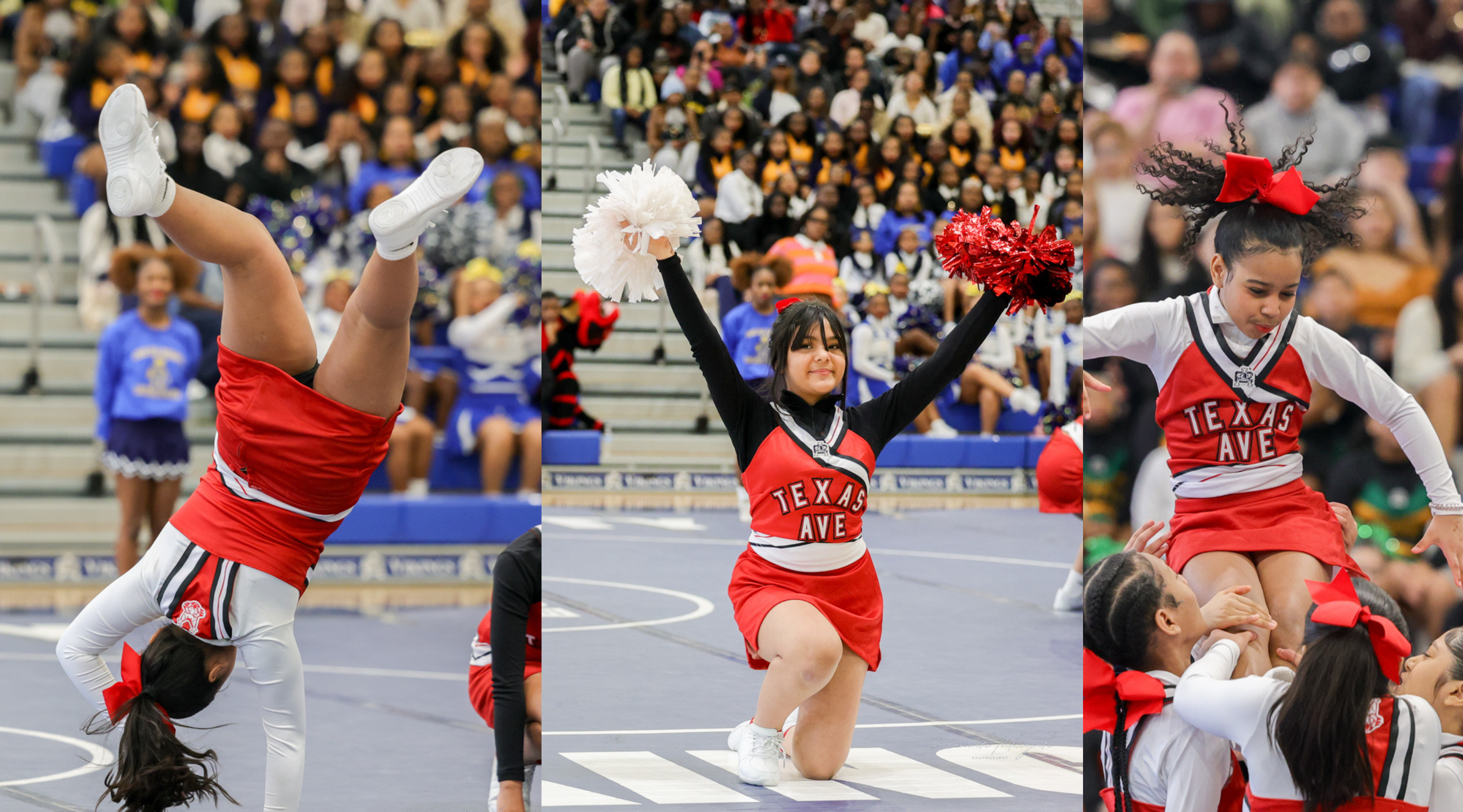 A group of cheerleaders in red uniforms performing energetic routines on a basketball court, surrounded by a large crowd of spectators in the stands.