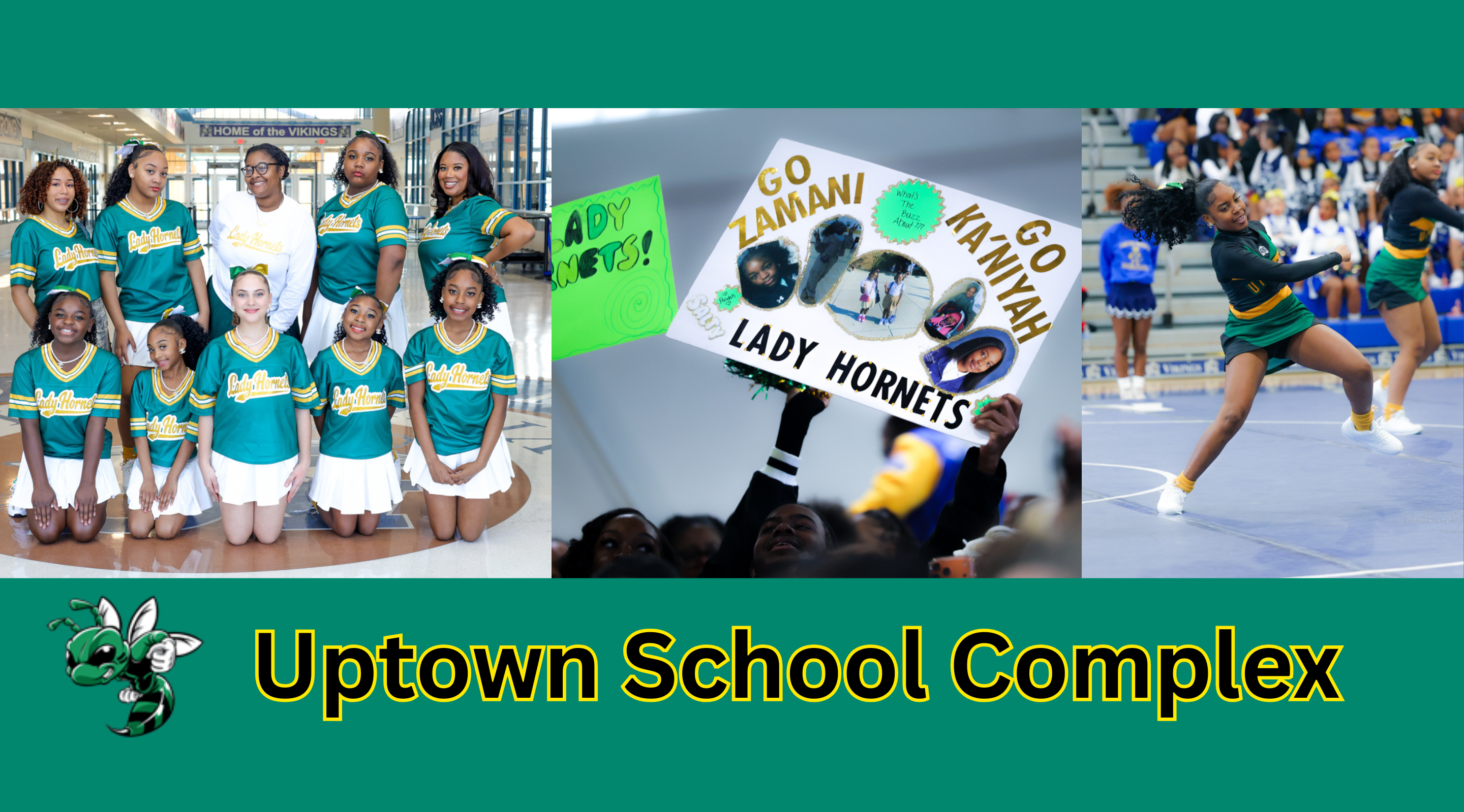 The image shows a collage of three different scenes related to the Uptown School Complex. The first scene depicts a group of young female students in matching uniforms, the second shows a crowd of people holding up signs and banners, and the third shows a group of female athletes in sports uniforms playing on a court.