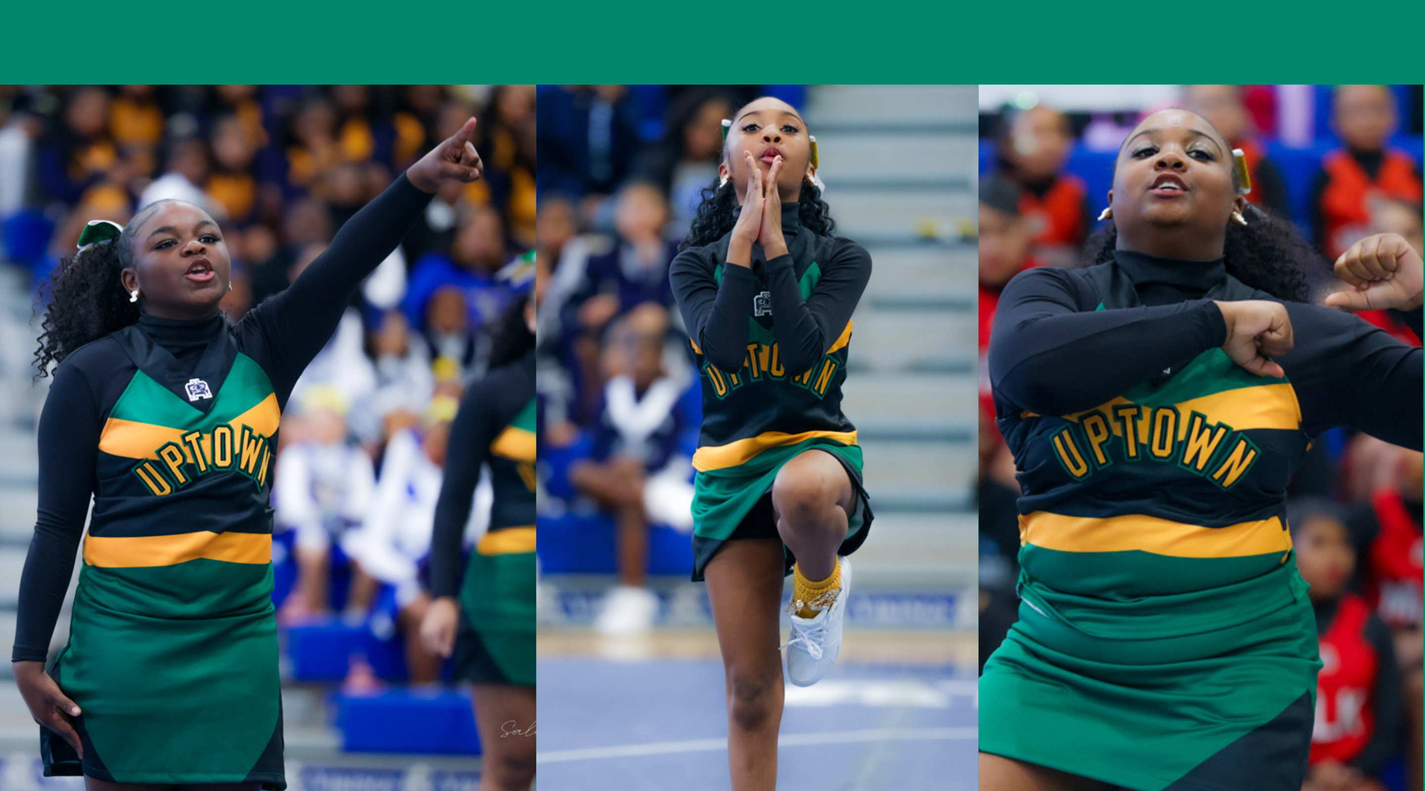 The image shows two cheerleaders in green and yellow uniforms performing on a basketball court surrounded by spectators.