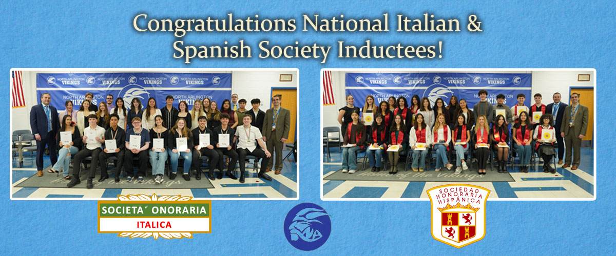 Two groups of students and faculty are seated and standing in front of banners, with the Italian and Spanish society emblems displayed below.