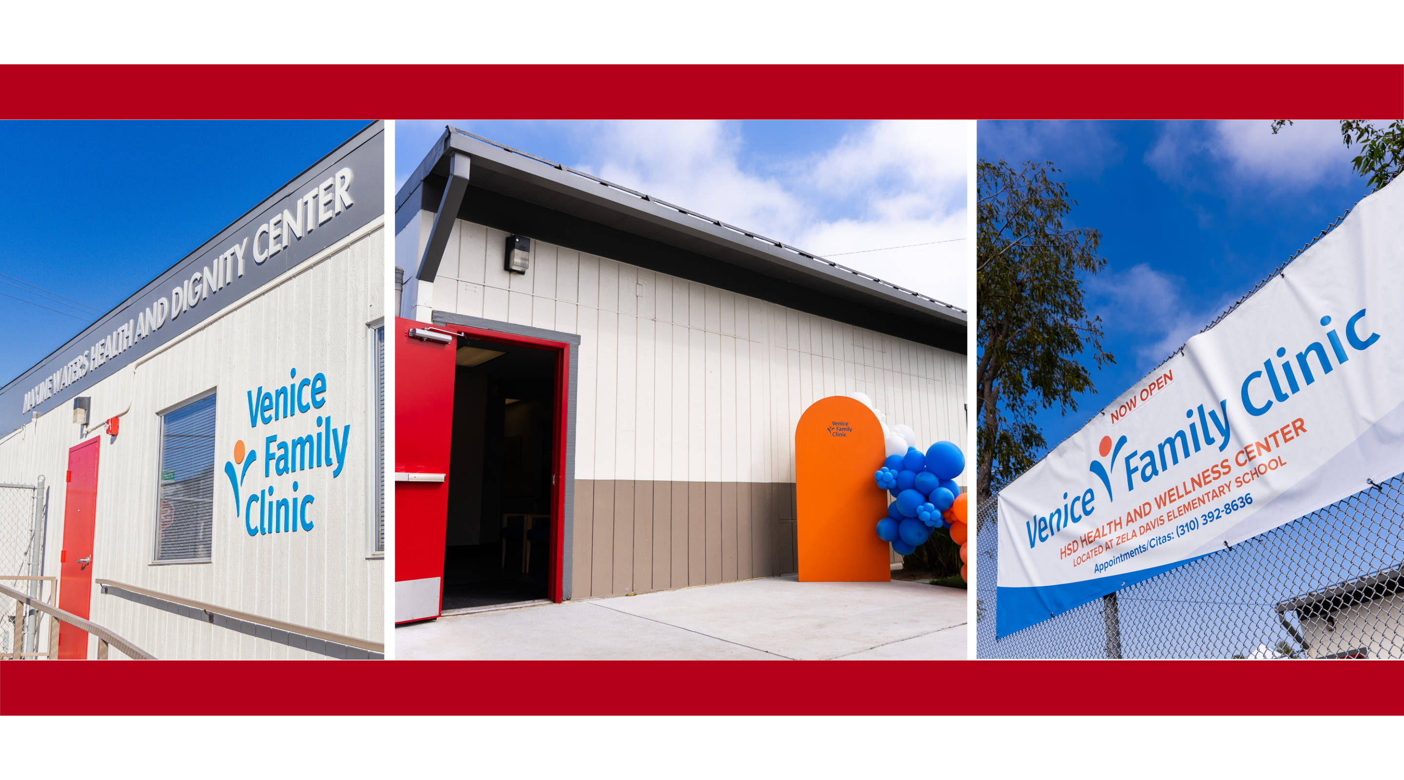 The image shows a modern, modular medical clinic building with a prominent "Venice Family Clinic" sign and a blue inflatable figure outside, set against a bright blue sky with some clouds.