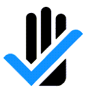 The image depicts a simple geometric design consisting of three black vertical bars and a blue checkmark shape in the foreground against a white background.