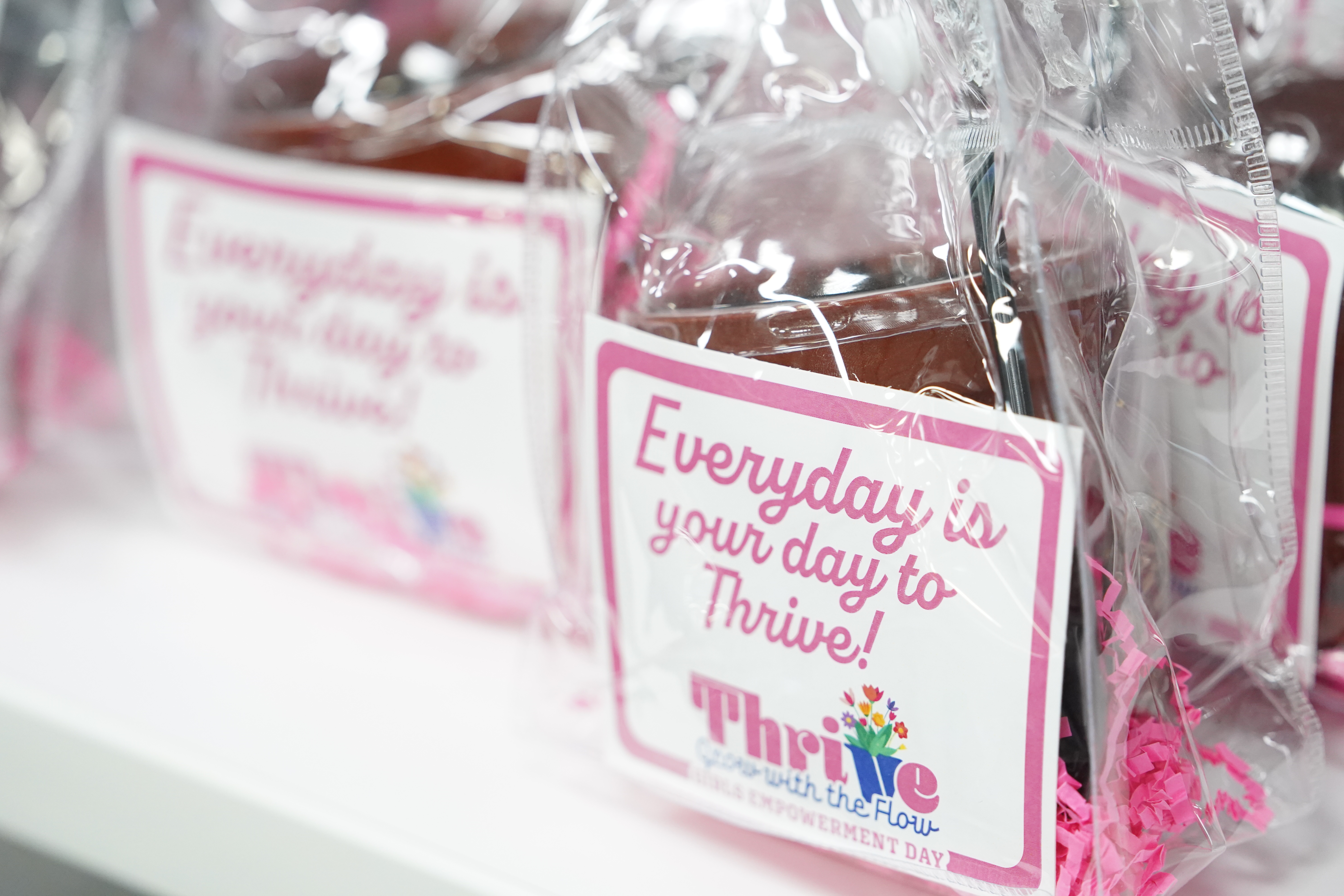 Pink gifts that read "Everyday is your day to Thrive"