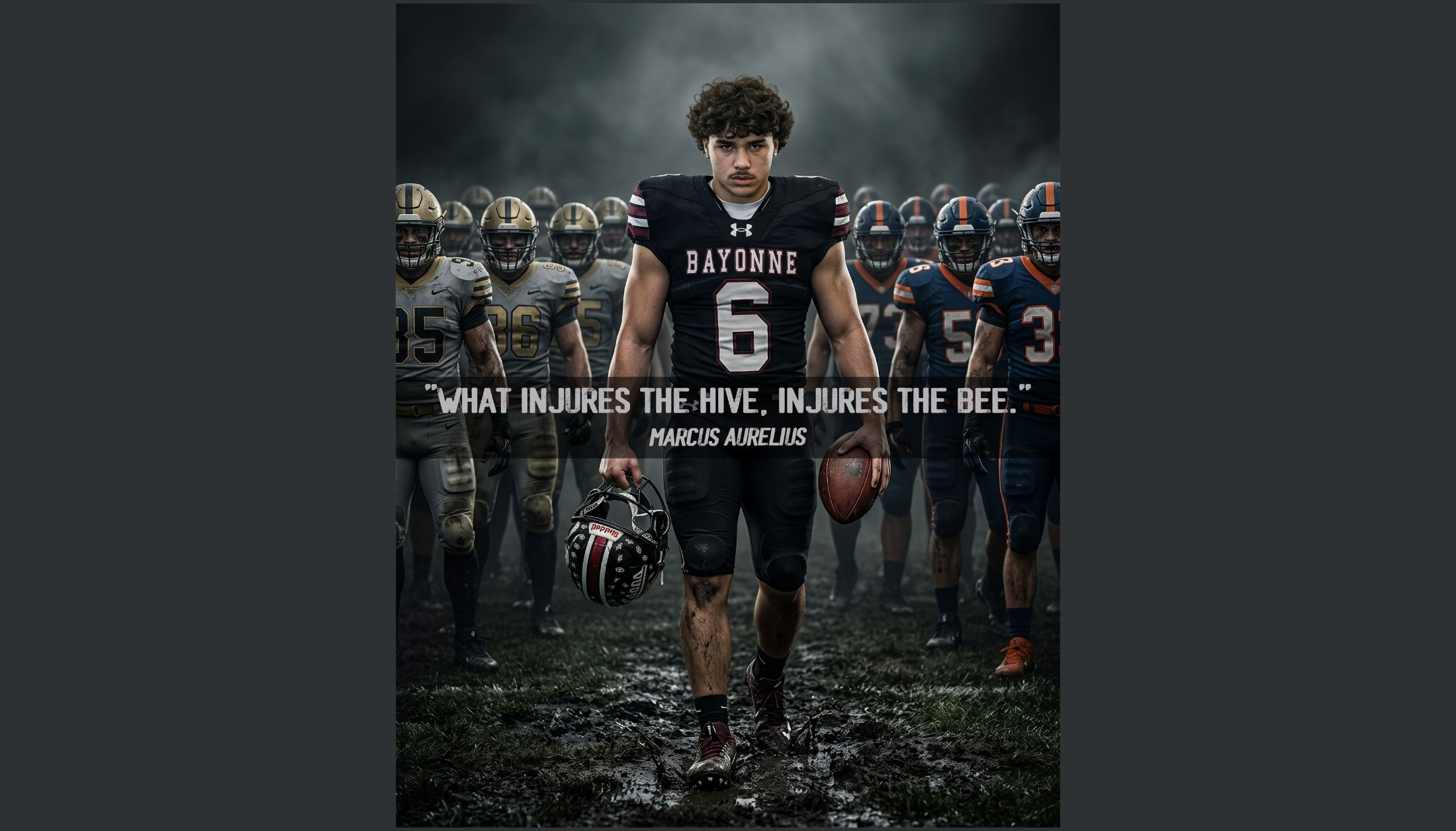 The image depicts a football player in a dark uniform standing in the foreground, surrounded by other players in the background, with a motivational quote overlaying the scene.