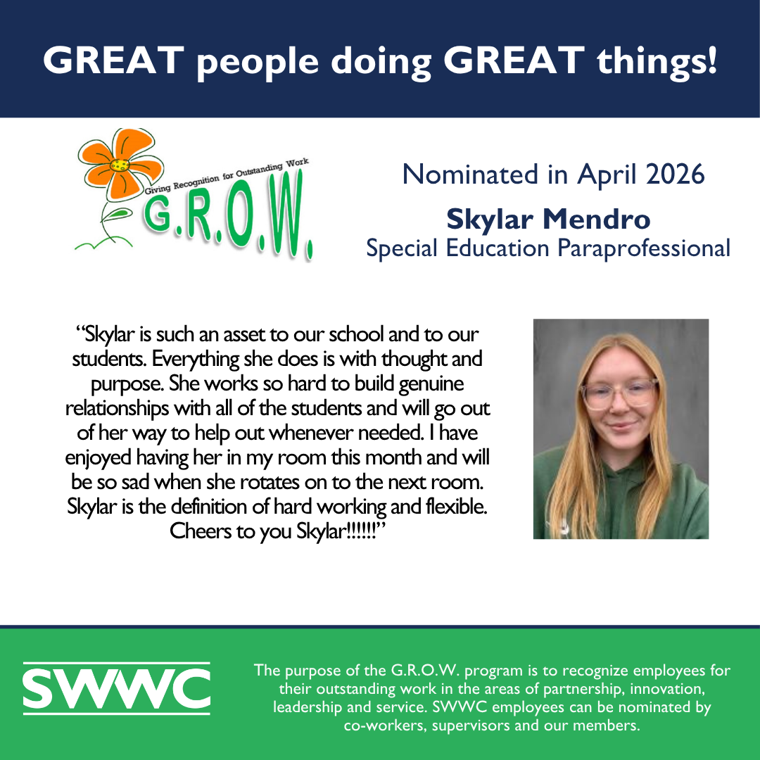 The image features a person named Skylar Mendro, who has been nominated in April 2026 as a Special Education Paraprofessional. The background includes the logo and text of the G.R.O.W. program, which aims to recognize employees for their outstanding work and service.
