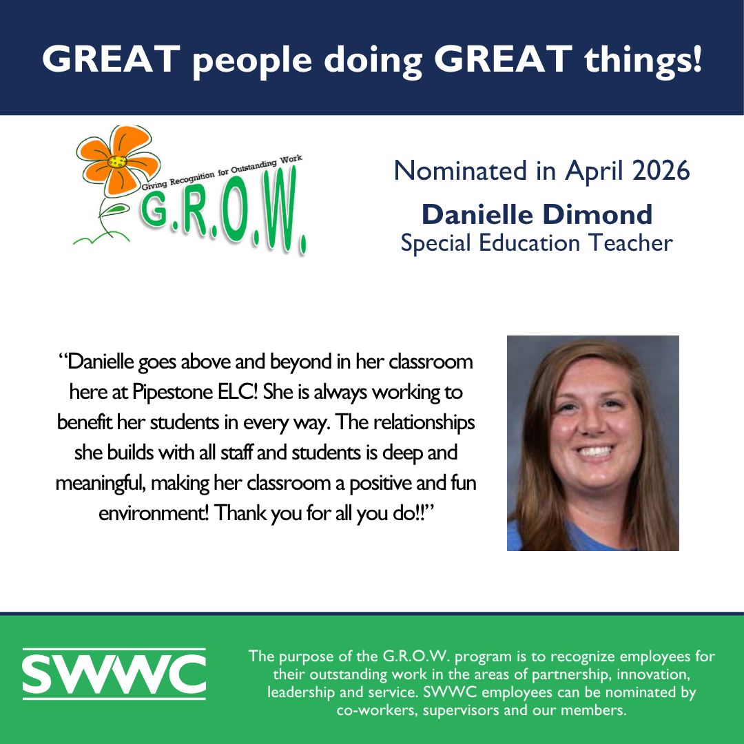 The image features an image of Danielle Dimond, recognized for her work as a special education teacher. The background includes the logo and text of the "G.R.O.W." program, which aims to recognize outstanding employees.