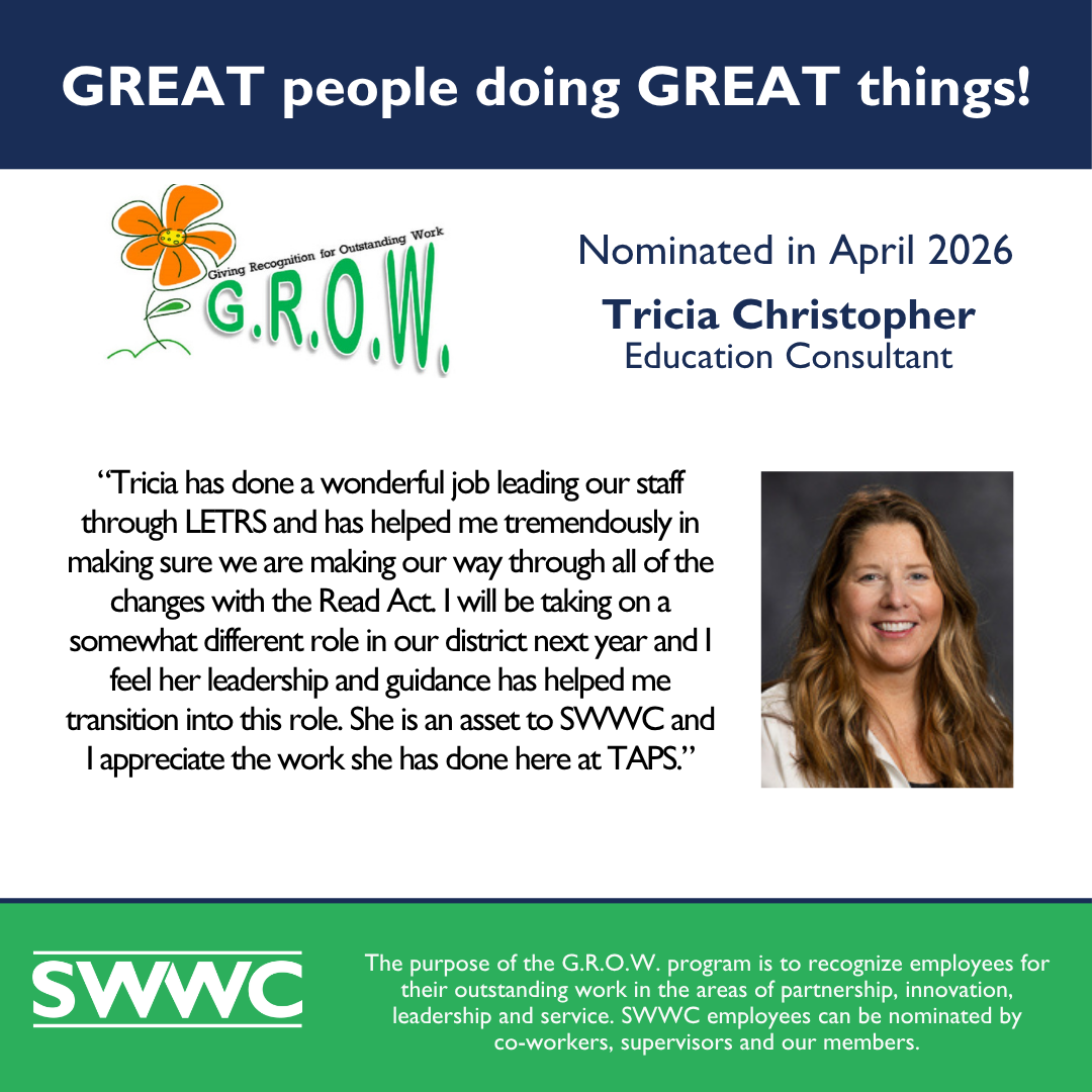 The image features an image of Tricia Christopher alongside a text highlighting her nomination for an award and praising her contributions as an Education Consultant. The background includes the logo and name of the GROW program, which appears to be an initiative to recognize outstanding employees.