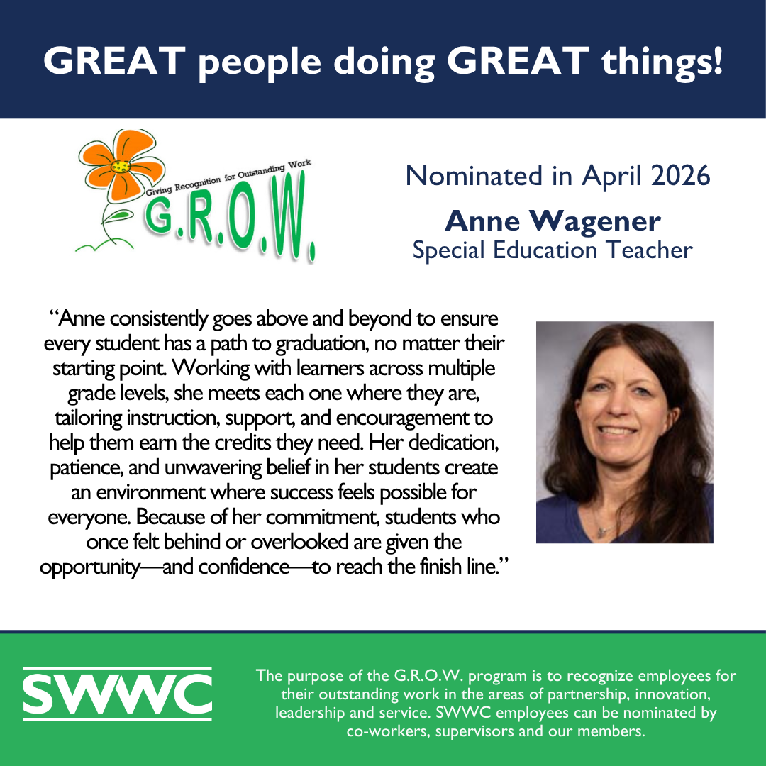 The image features an image of Anne Wagener alongside a text highlighting her nomination as a Special Education Teacher in April 2026, along with a description of her dedication and commitment to ensuring student success.