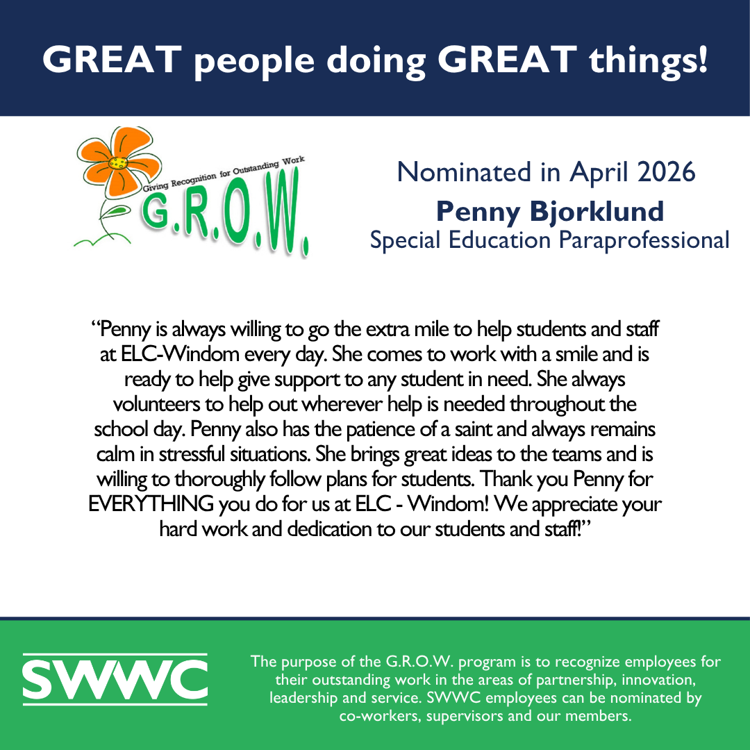 The image features a person named Penny Bjorklund, who has been nominated as a Special Education Paraprofessional in April 2026. The background includes the logo and text of the G.R.O.W. program, which aims to recognize employees for their outstanding work and service.
