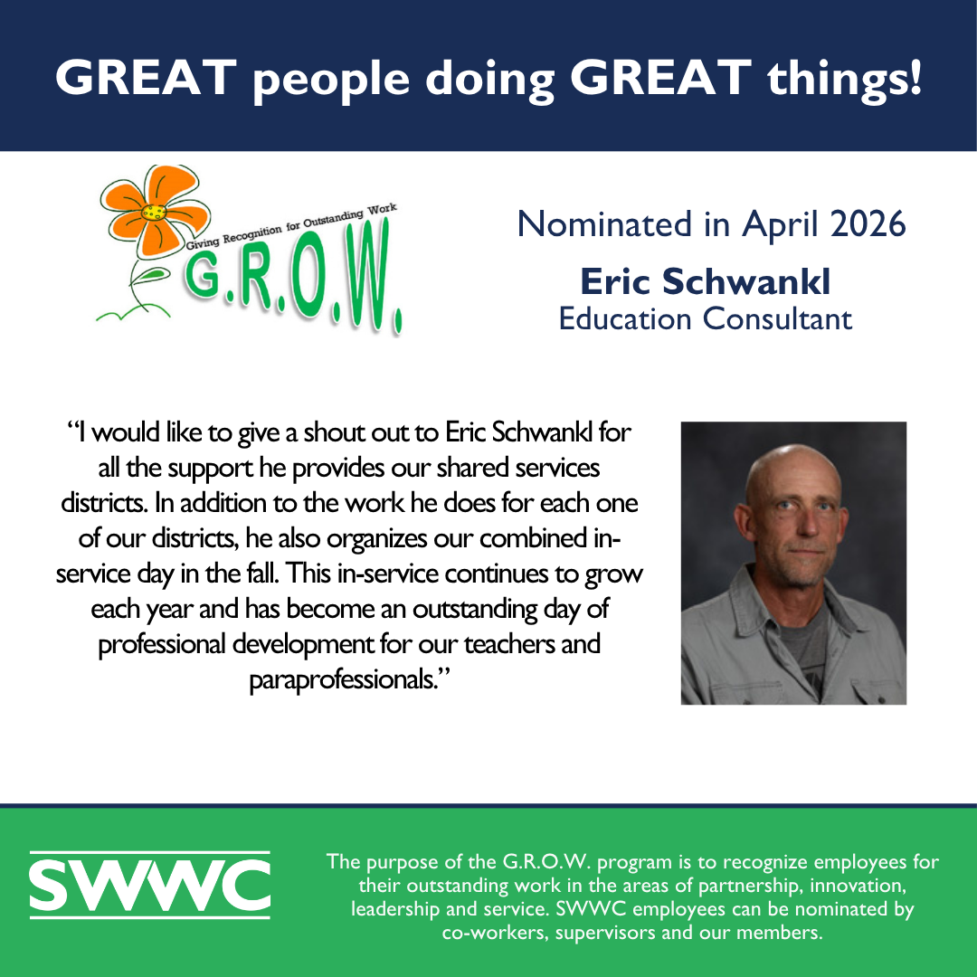 The image features a headshot of a man named Eric Schwankl, who has been nominated in April 2026 as an Education Consultant for the GROW program. The background includes the GROW logo and text describing the purpose of the program.
