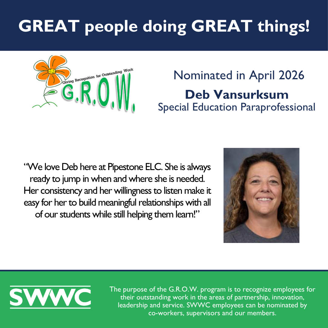 The image features an image of Deb Vansurksum alongside a text highlighting her nomination as a Special Education Paraprofessional in April 2026, with a program called G.R.O.W. that recognizes outstanding employees.