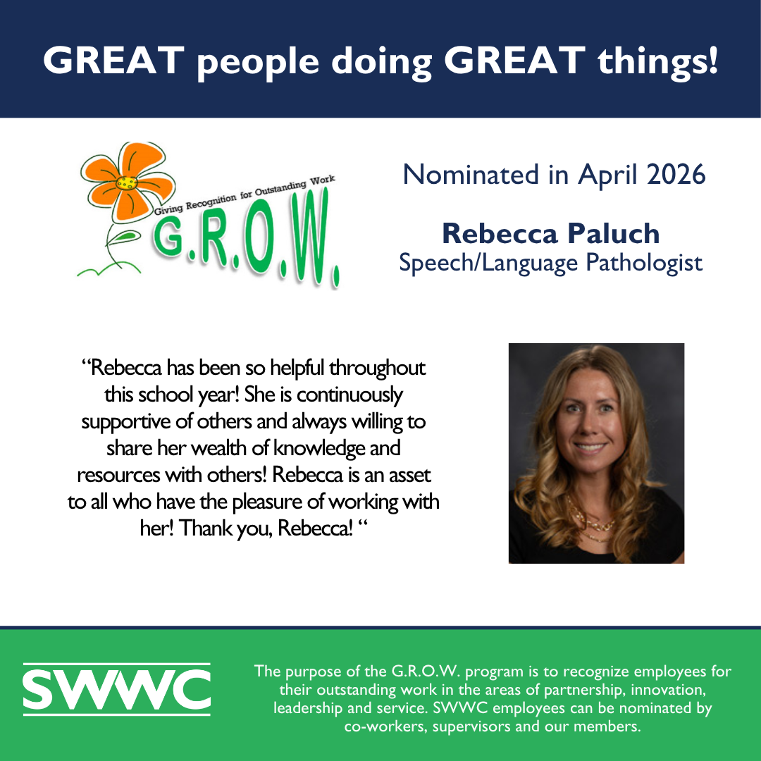 The image features a picture of Rebecca Paluch alongside a text highlighting her nomination for a program called G.R.O.W. in April 2026.