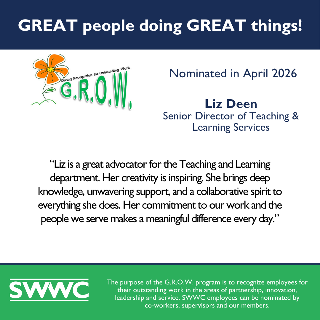 The image features a person named Liz Deen, who has been nominated in April 2026 as the Senior Director of Teaching &amp; Learning Services. The background includes the logo and text of the "G.R.O.W." program, which aims to recognize employees for their outstanding work and service.
