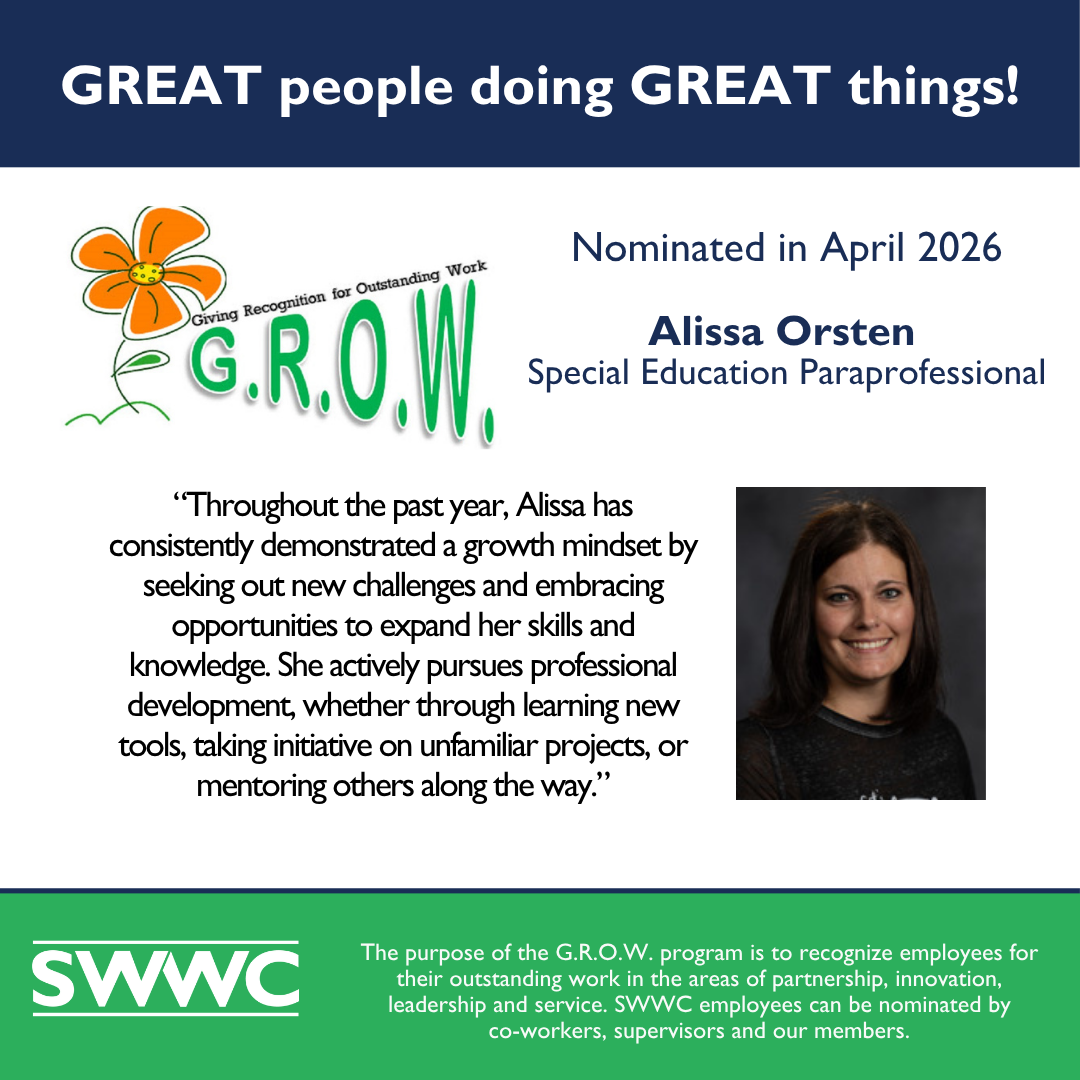 The image features a picture of Alissa Orsten with text highlighting her nomination for a professional award, with a colorful floral design and the acronym "G.R.O.W." prominently displayed in the background.