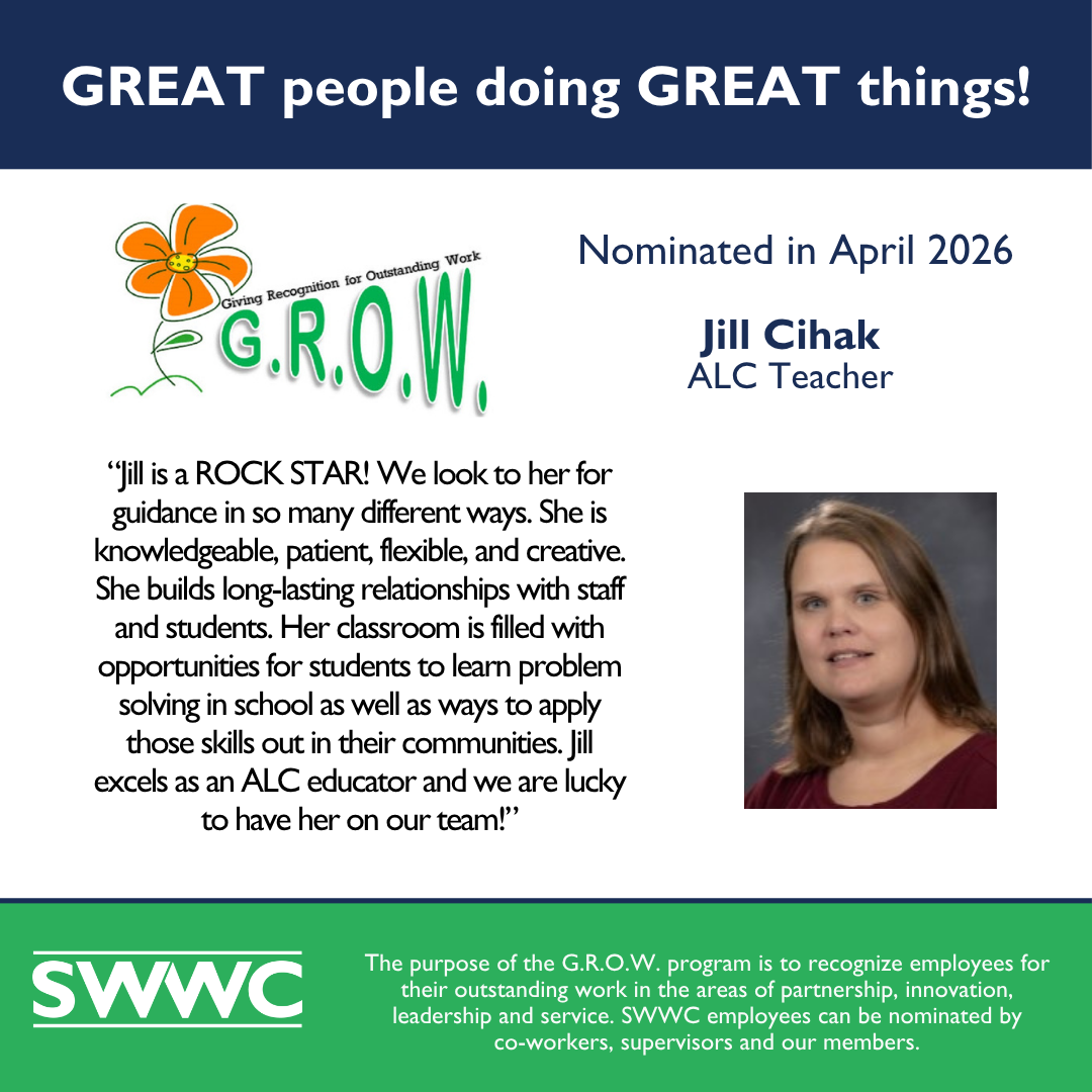 The image highlights Jill Cihak, an ALC teacher, who was nominated in April 2026 for the G.R.O.W. program, which recognizes employees for their outstanding work and service.
