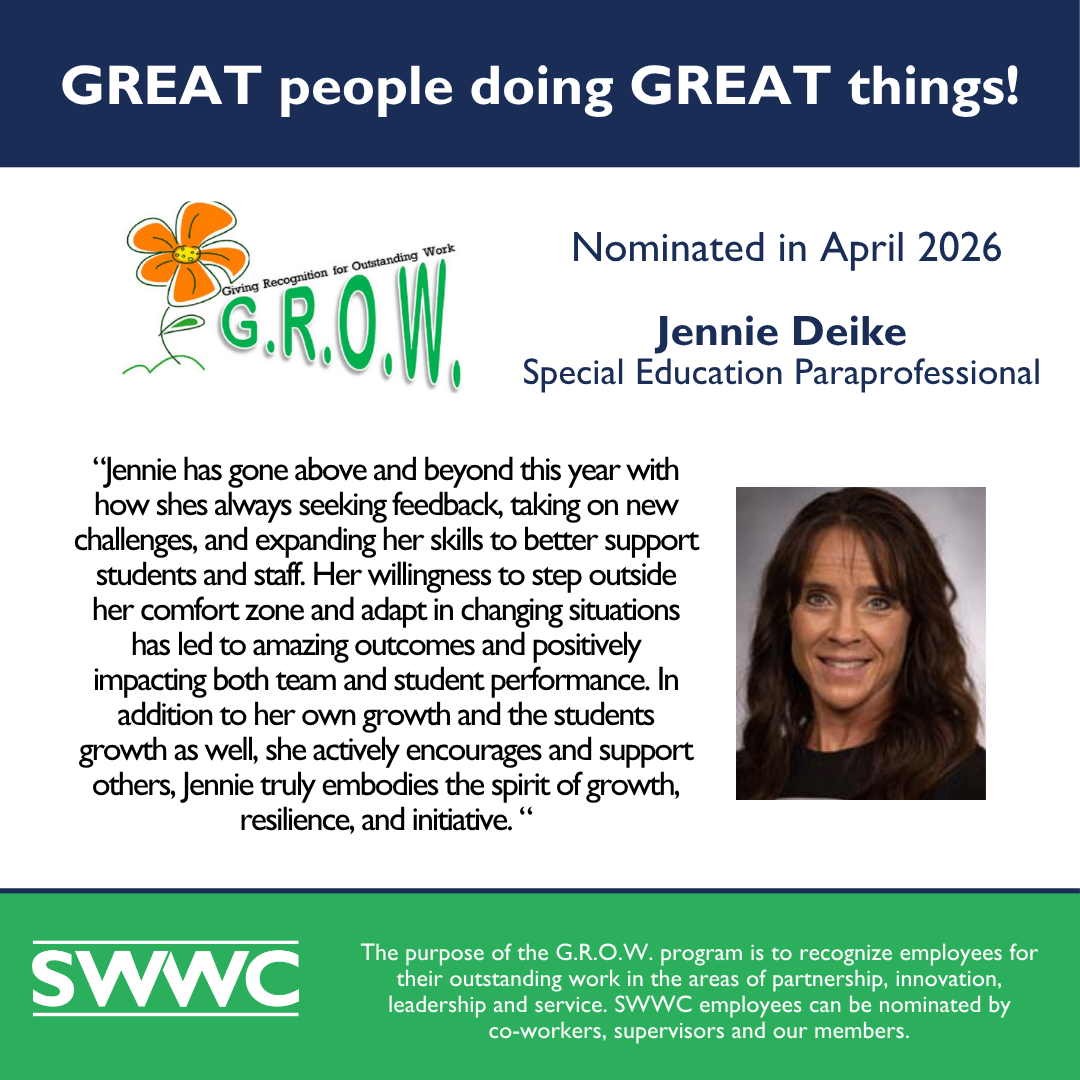 The image features a person named Jennie Deike, who has been nominated in April 2026 for the GROW program, which recognizes employees for their outstanding work and service.