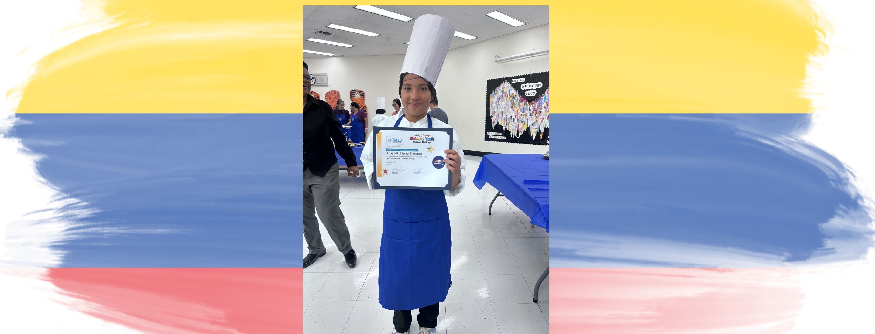 A young person in a chef's hat and apron holds a certificate in the foreground, with a colorful Colombian flag design in the background.